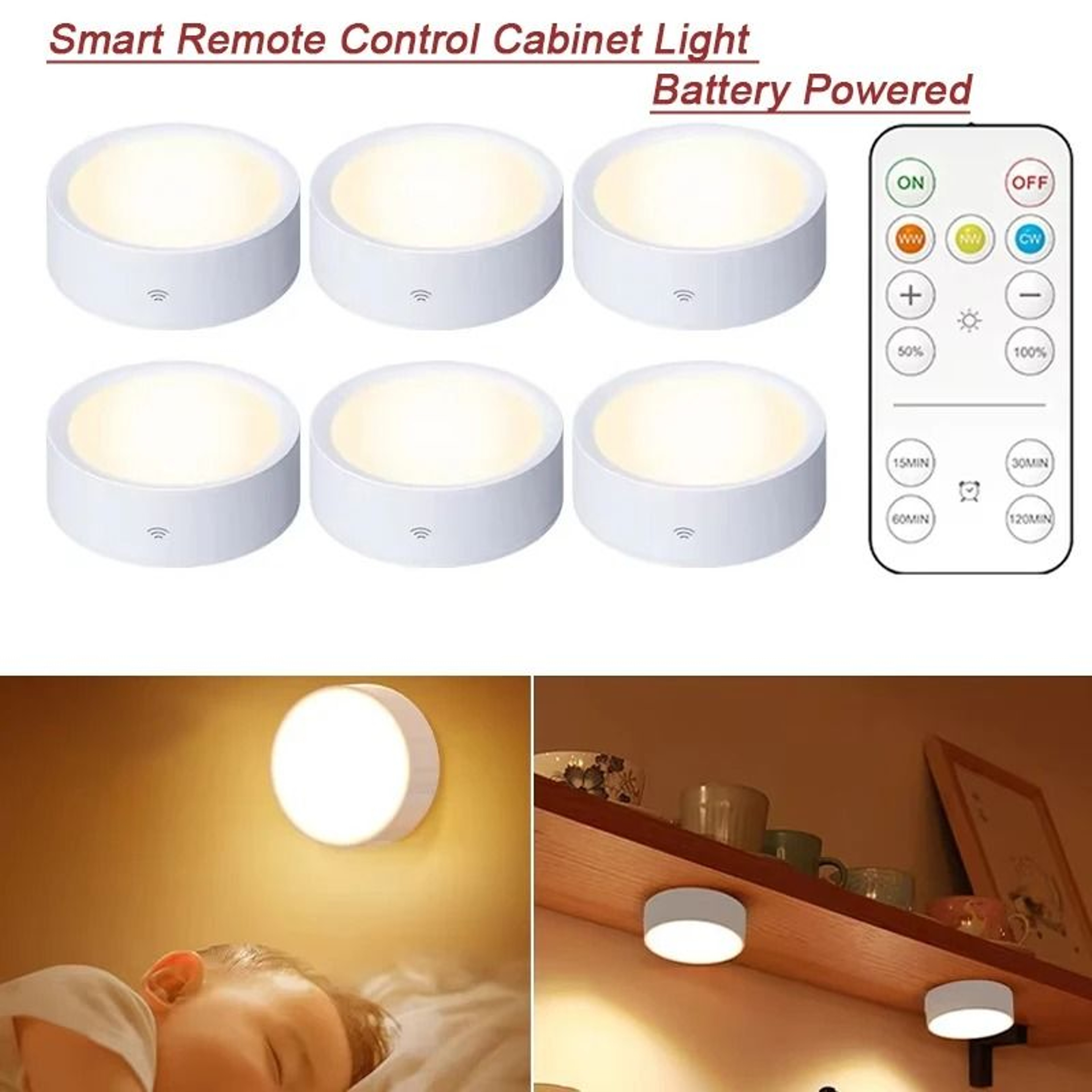 Smart Remote Control Dimmable LED Cabinet Light Battery Powered Wireless Puck Night Lamp 1