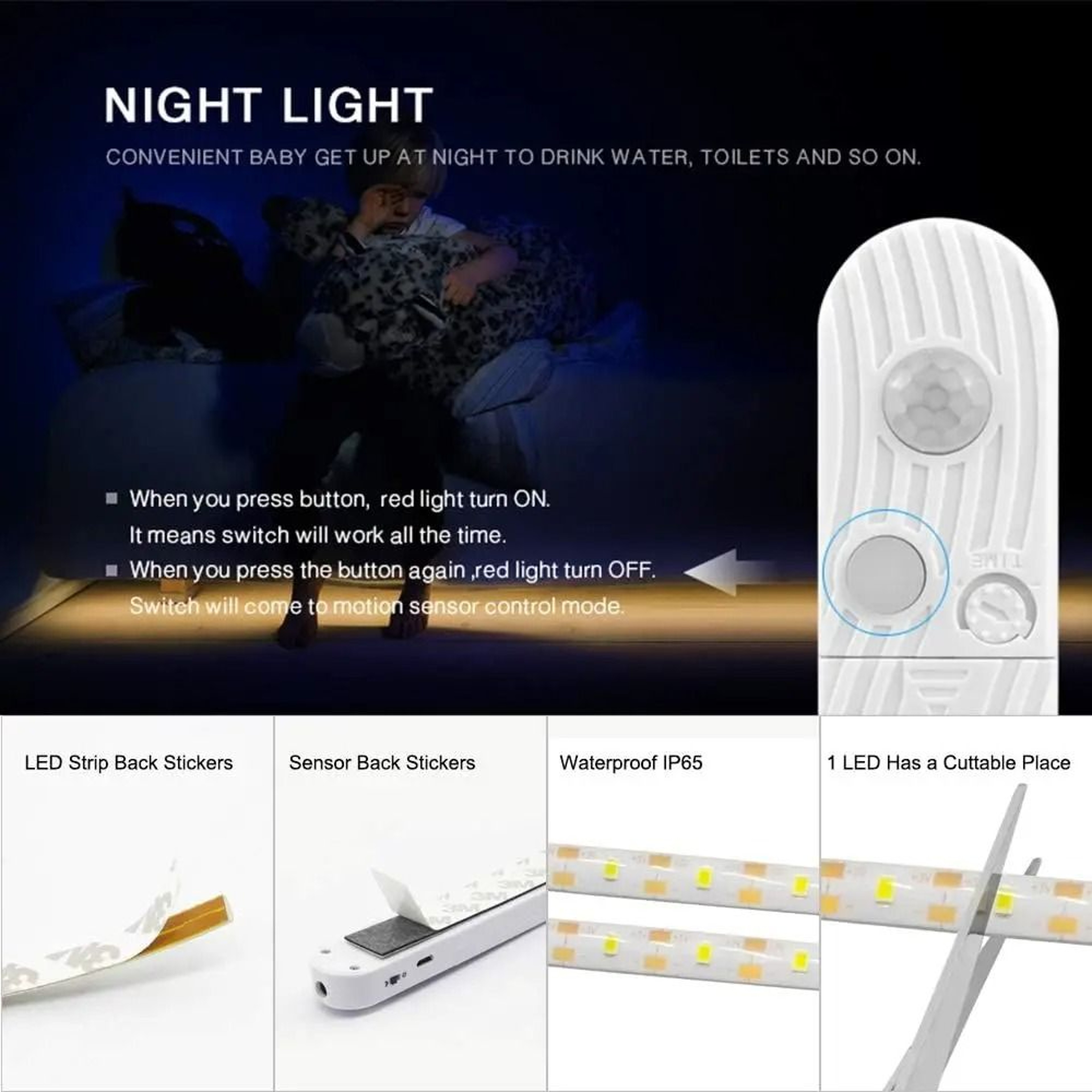5M Battery LED Strip Light Tape With PIR Motion Sensor UnderCabinet  Wardrobe Night Light 3