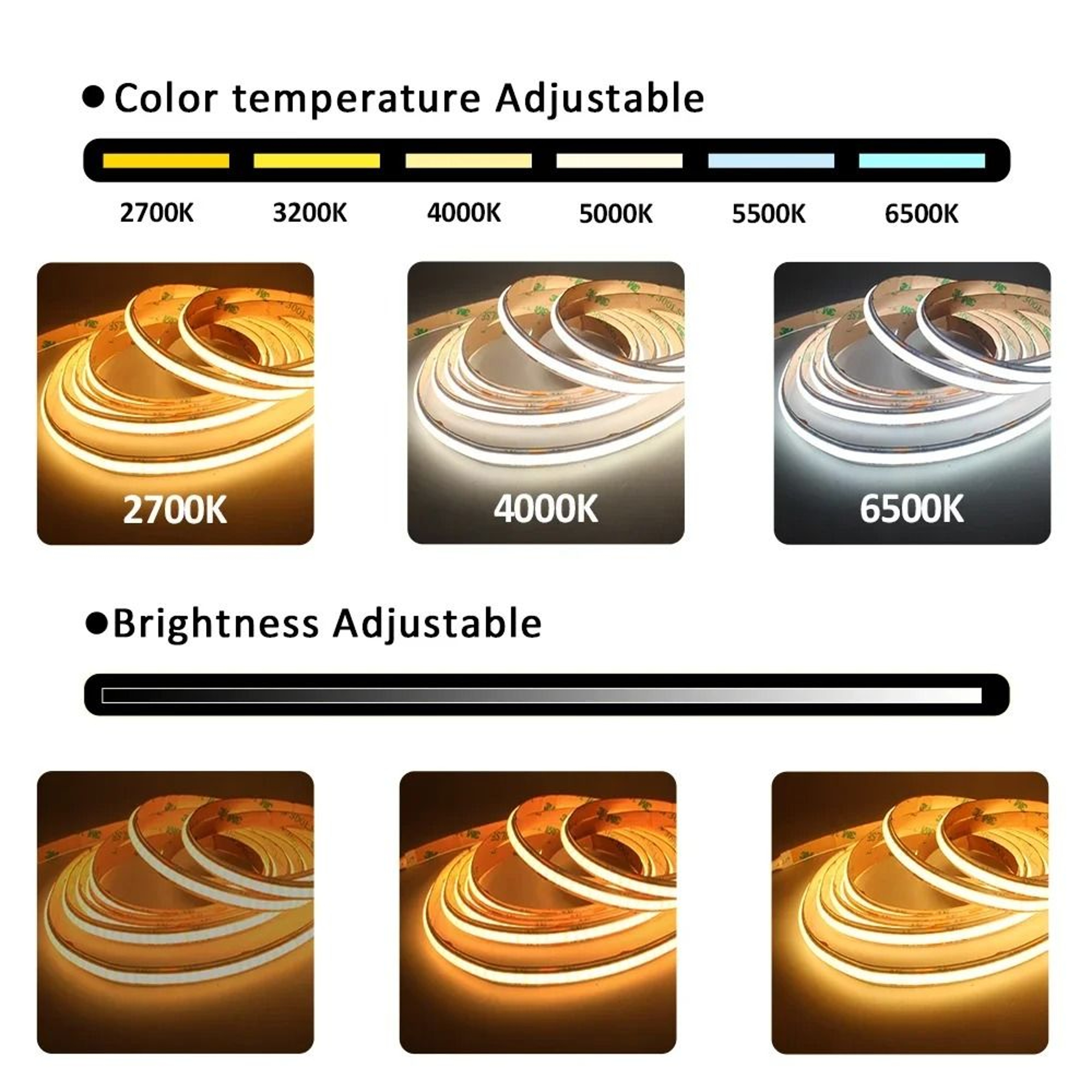 24V CCT Dimmable COB LED Strip Light Kit Dual White WWCW Flexible Ribbon With 17Key RF Remote 4
