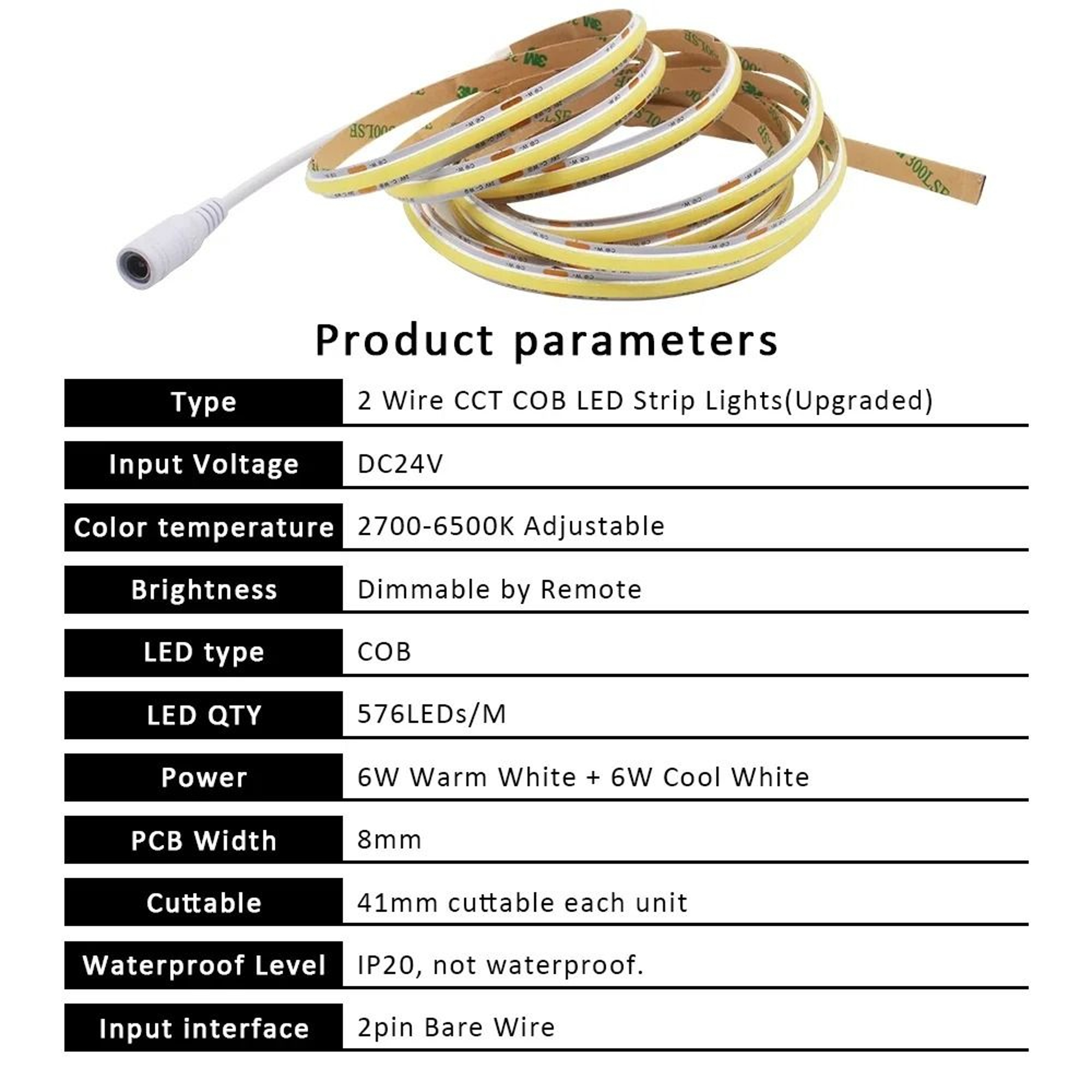 24V CCT Dimmable COB LED Strip Light Kit Dual White WWCW Flexible Ribbon With 17Key RF Remote 1