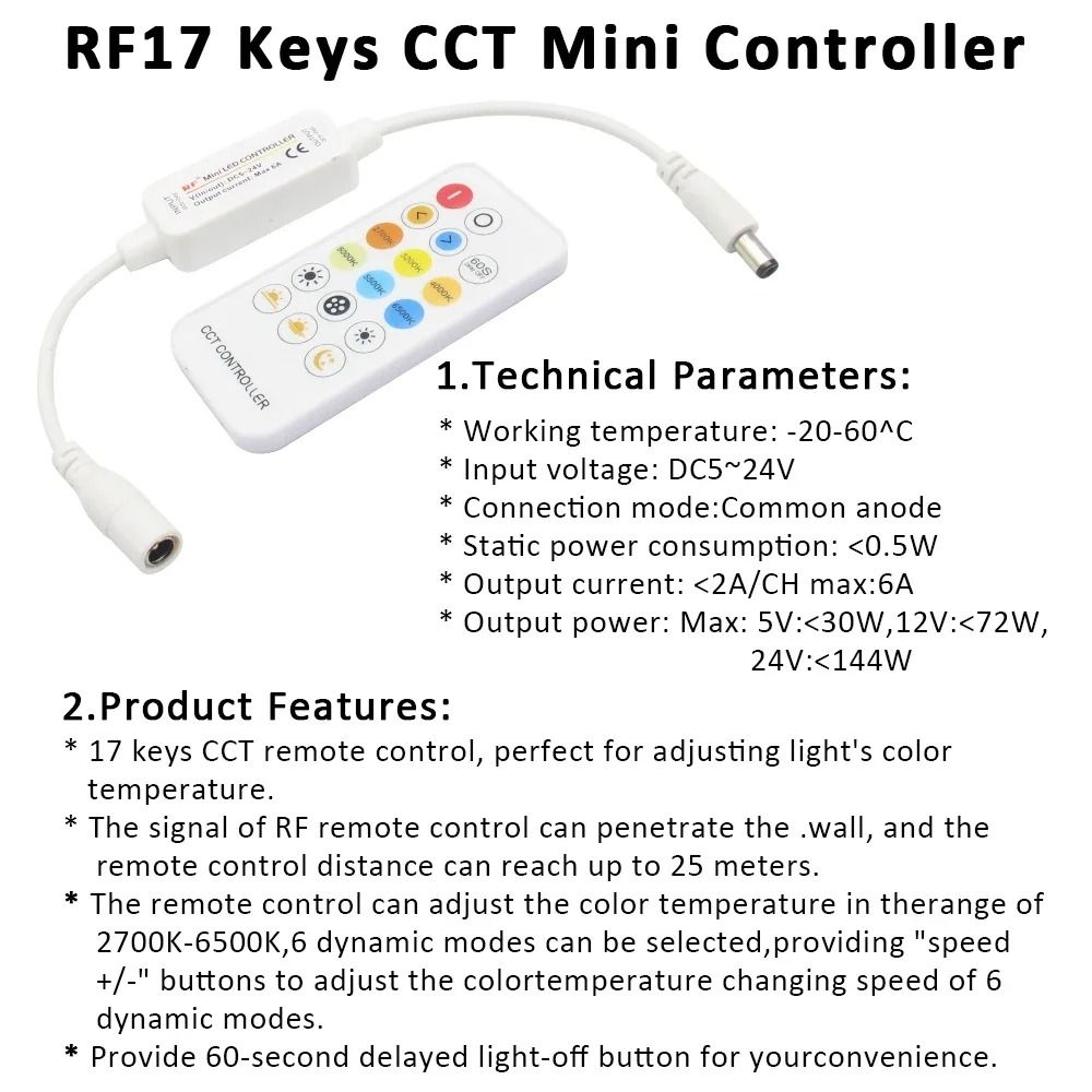 24V CCT Dimmable COB LED Strip Light Kit Dual White WWCW Flexible Ribbon With 17Key RF Remote 5