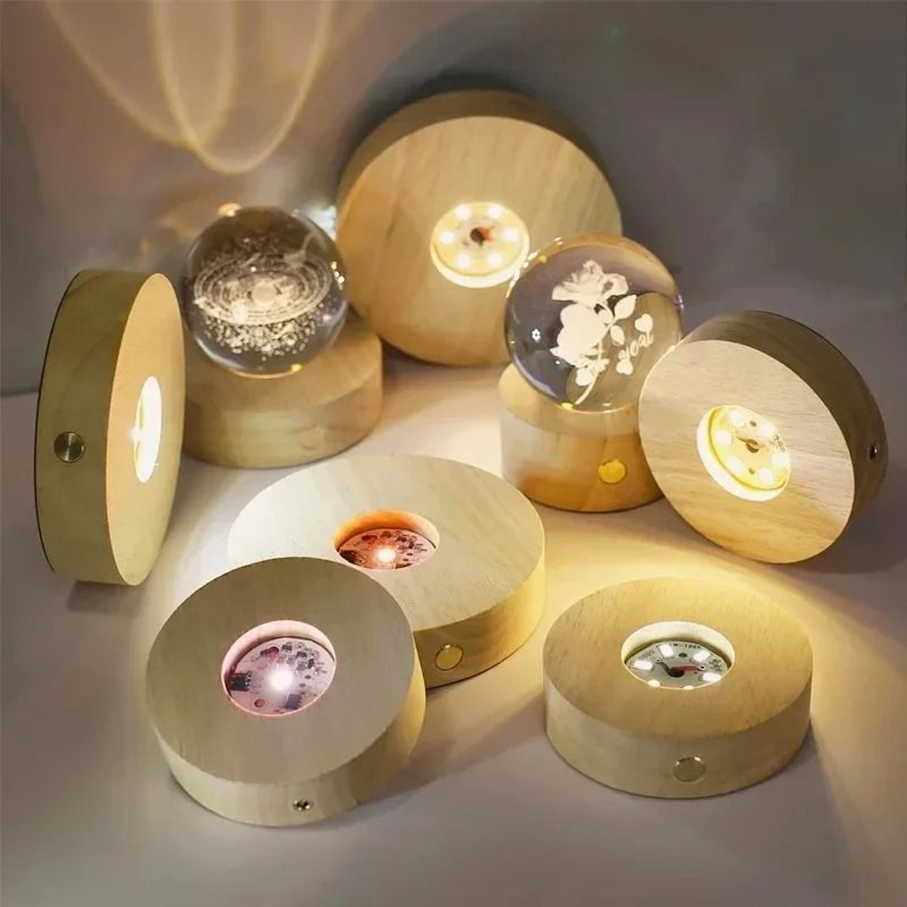 8CM Round Solid Wooden LED Light Base Wireless BatteryPowered Pedestal For Crystal Balls  Glass Art 0
