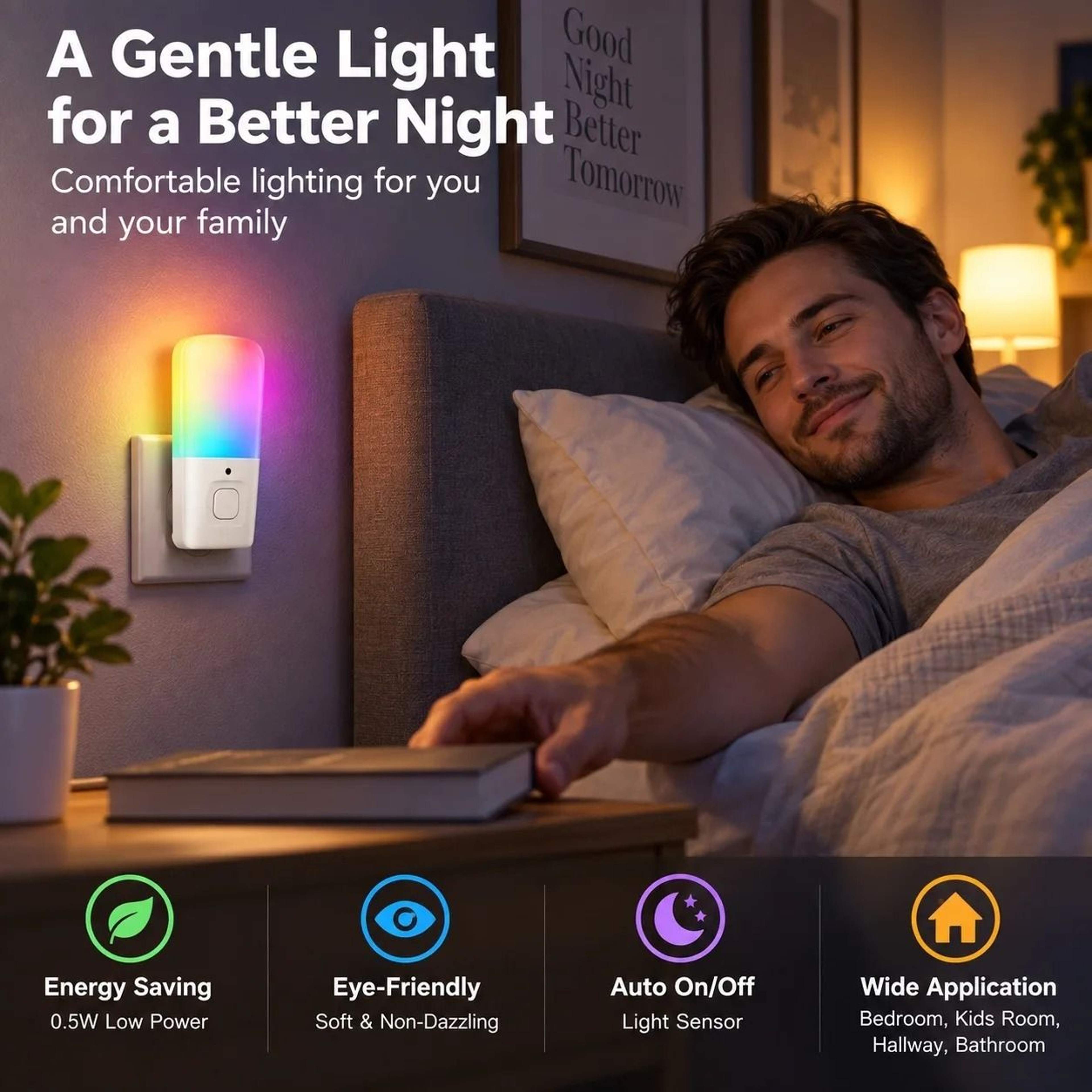 Melery Dusk To Dawn Plugin RGB Night Light 05W Low Power Sensor Control Color Changing LED Lamp 5
