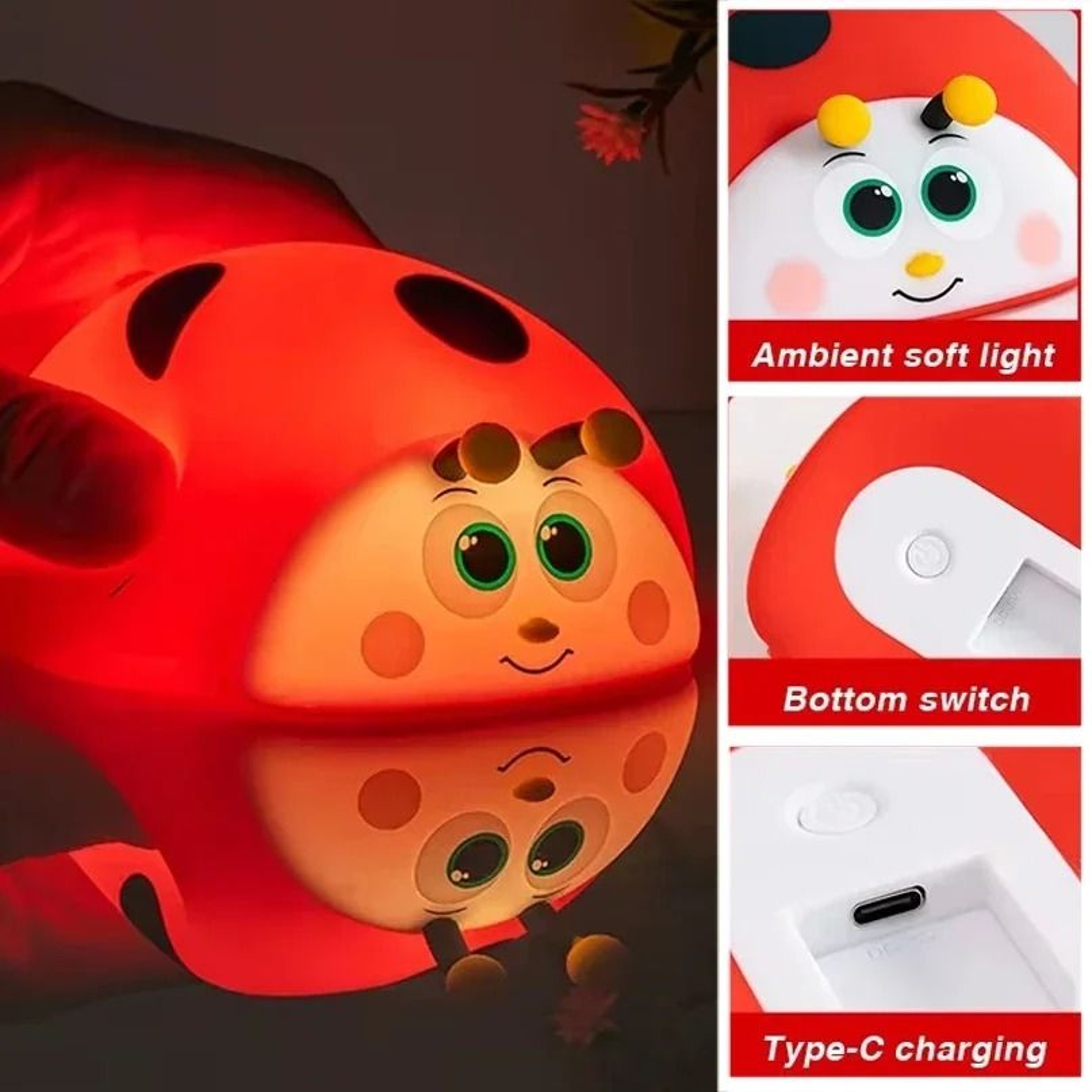 GGbingo Cute Ladybug RGB Silicone Night Light Touch Sensor  Timer USB Rechargeable Lamp 2