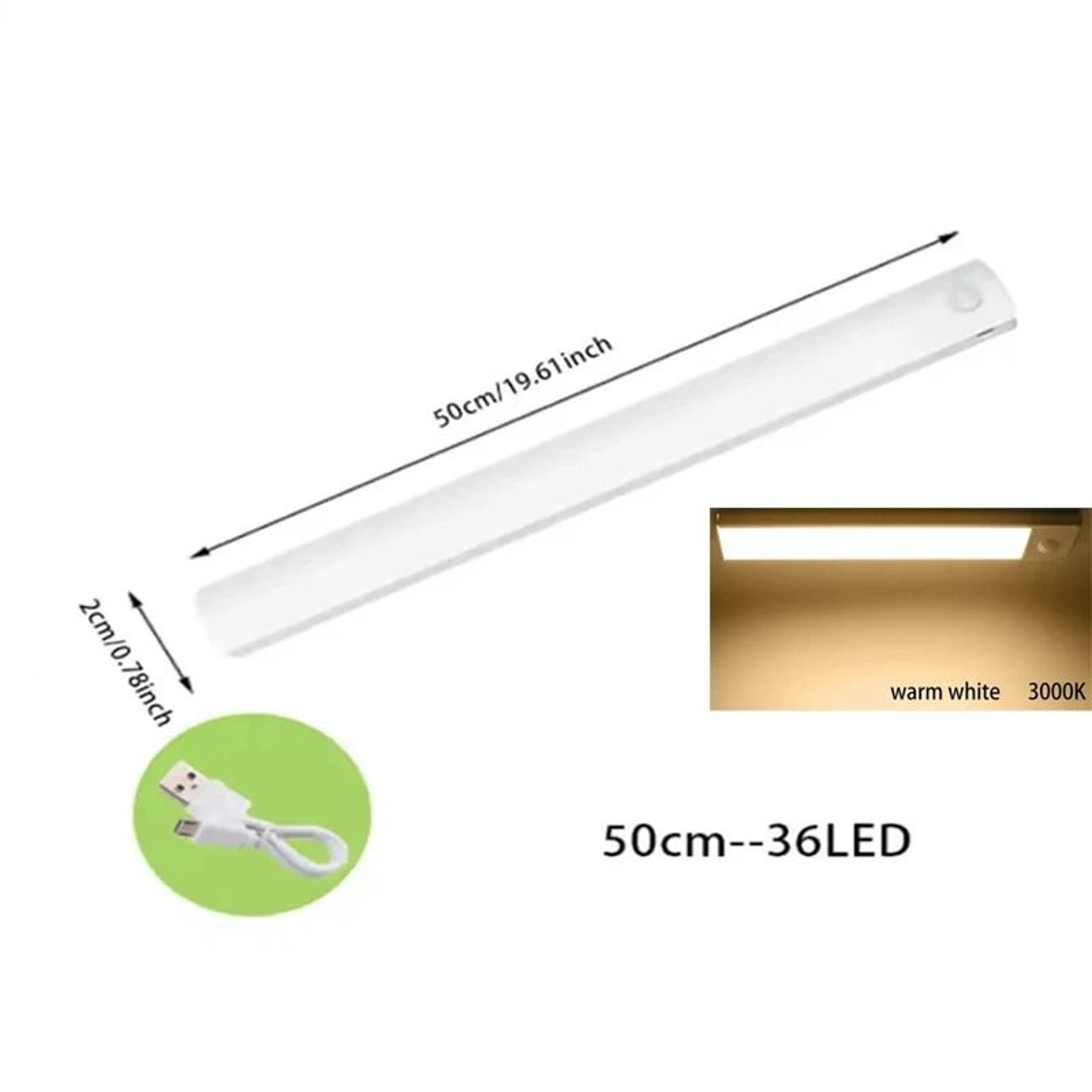 PIR Motion Sensor LED Under Cabinet Light Bar Dimmable Rechargeable Closet  Staircase Safety Lamp 12