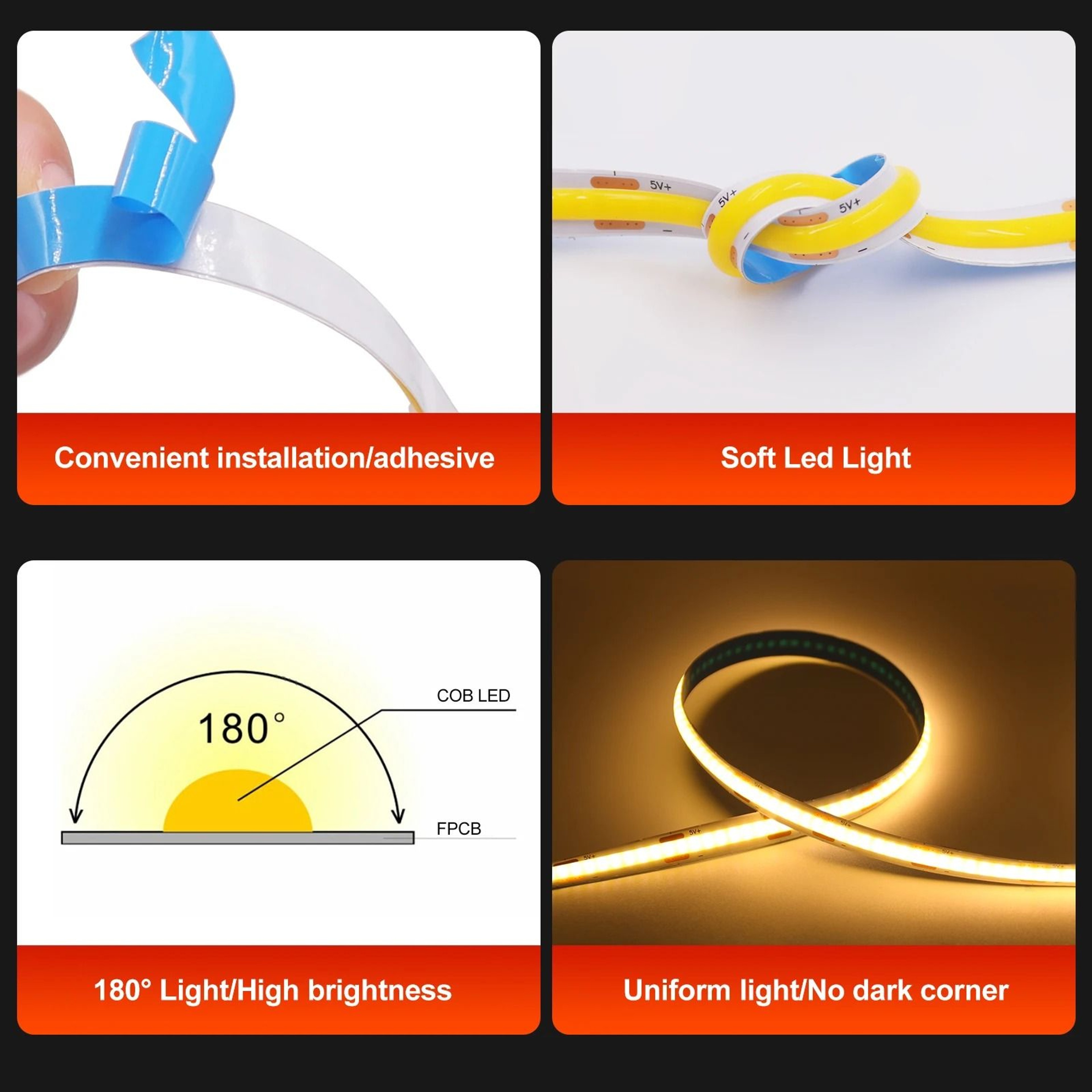 5V Flexible COB LED Strip Light Battery Powered HighDensity Backlight For Cabinets  Bedroom 5