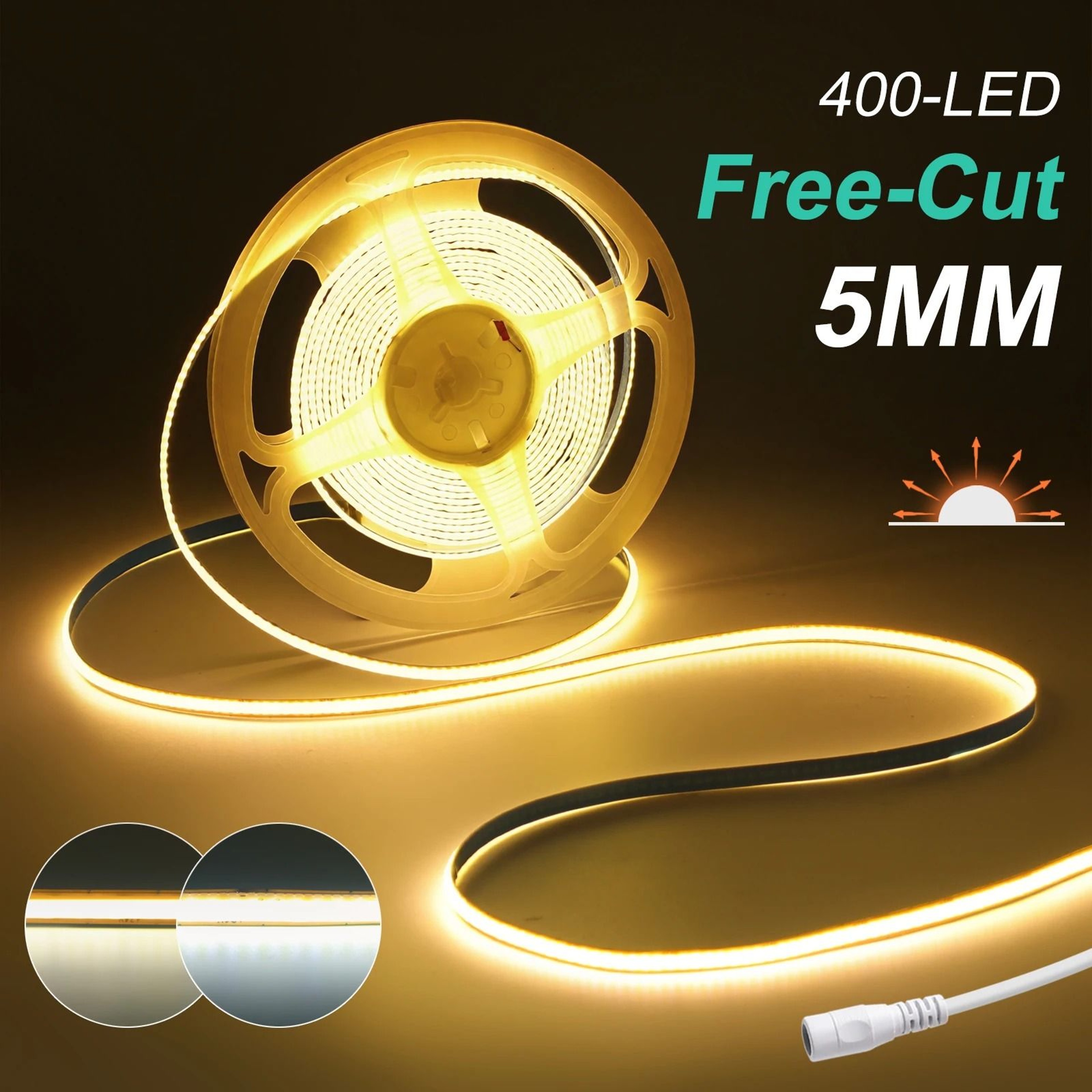 FlexCut COB LED Strip Light High Density 400LEDsm Tape With DC Plug  Wire 5
