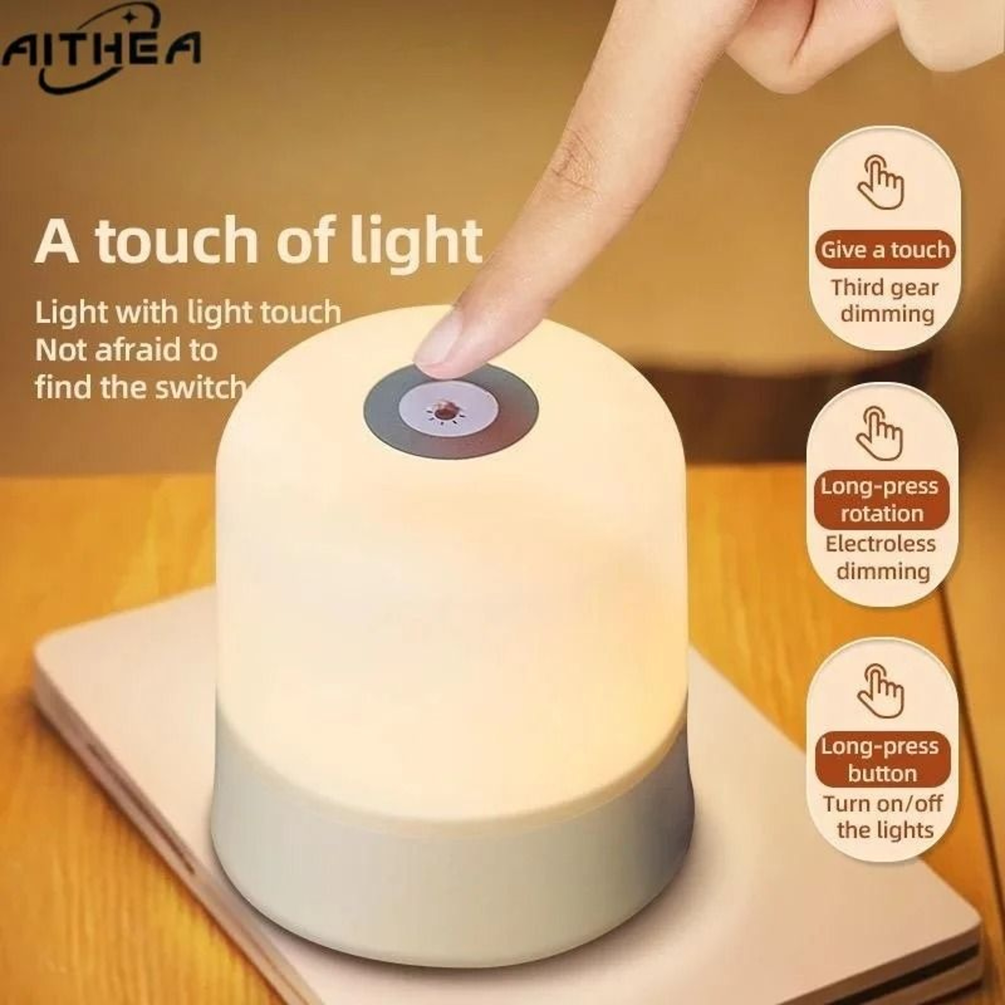 AITHEA 3Color Dimmable Touch Sensor Table Lamp Rechargeable LED Bedside Night Light 2