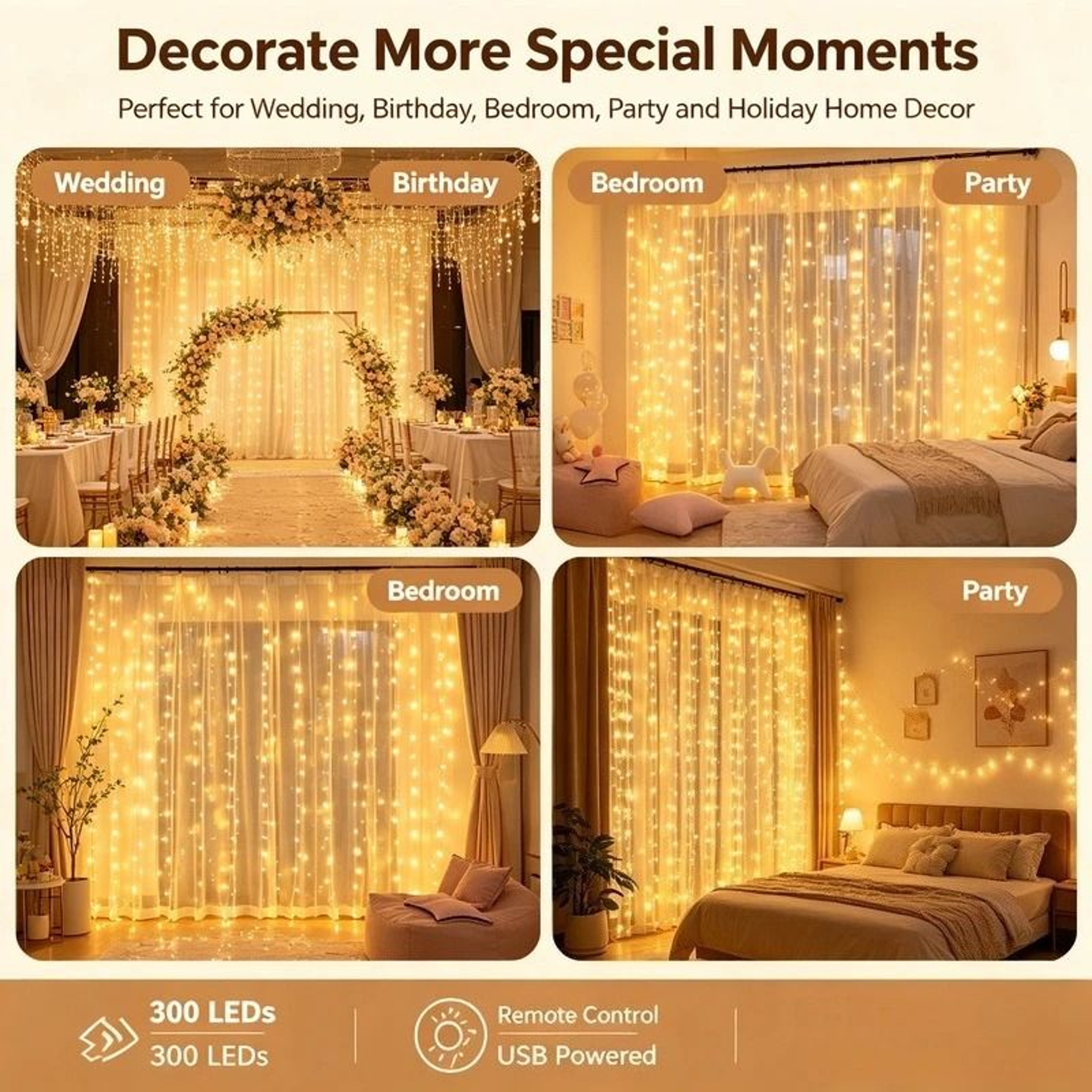 USB LED Remote Control Curtain Fairy Lights For Bedroom  Holiday Decor 5