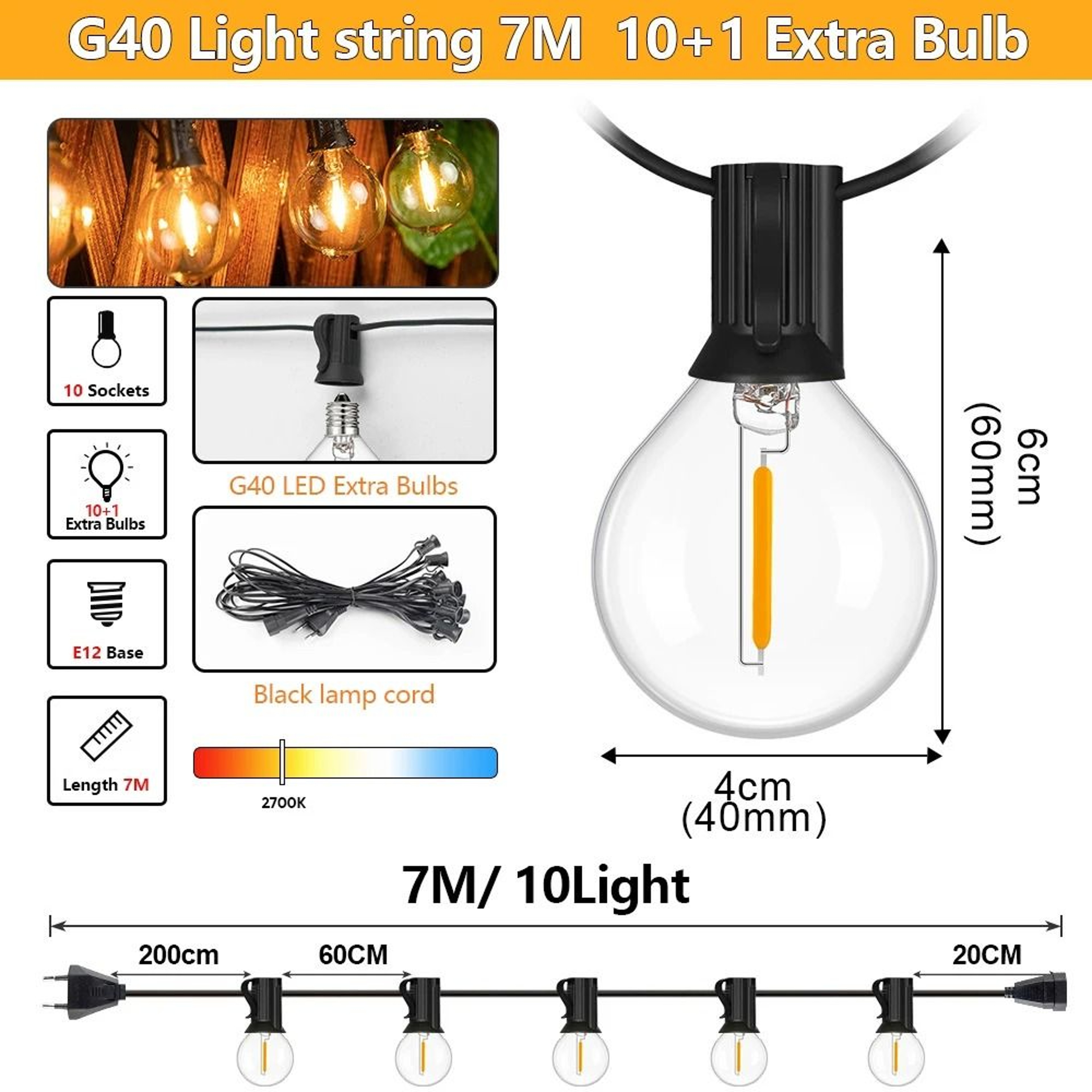 Outdoor Waterproof G40 LED String Lights With Shatterproof Bulbs For Patio Garden  Party Decor 6