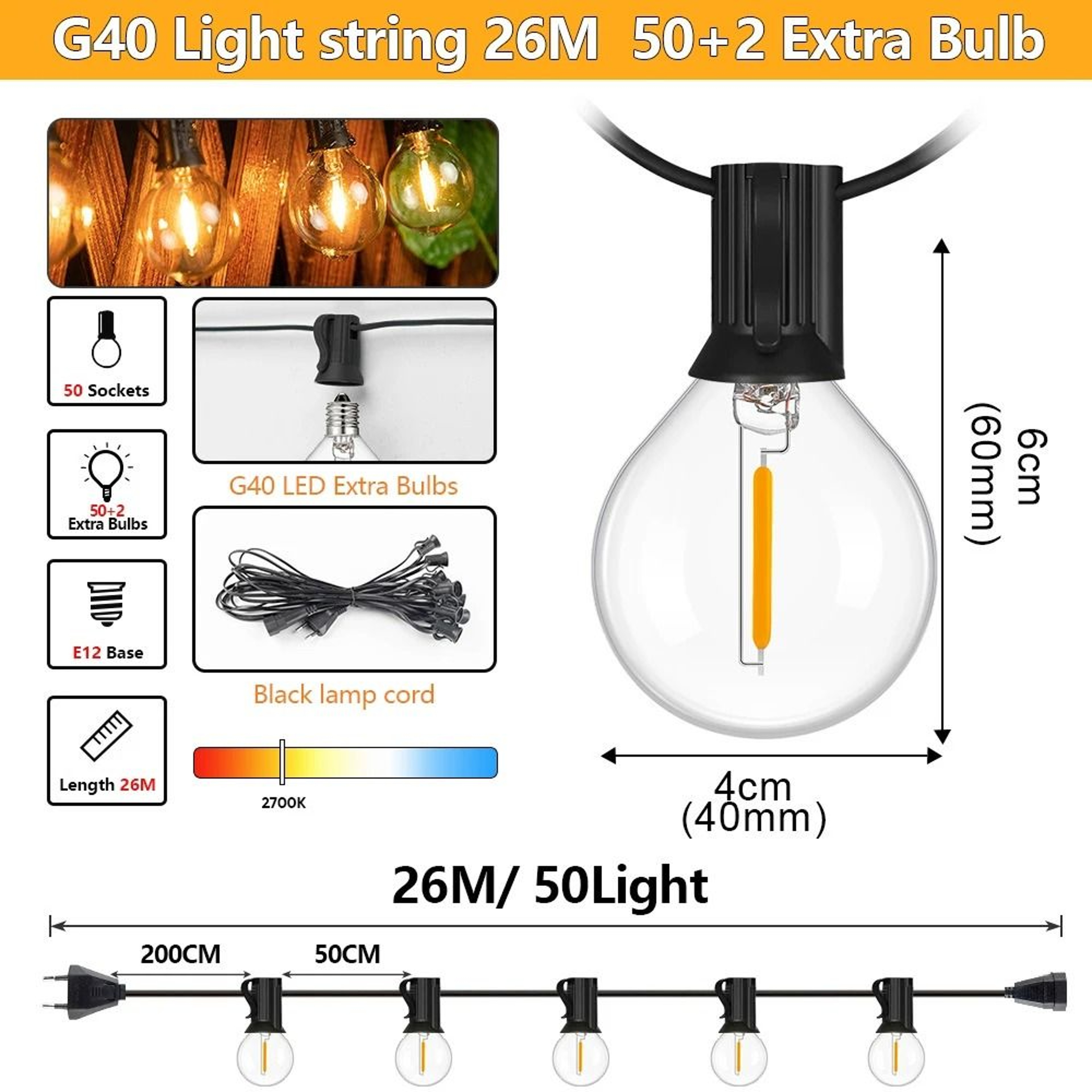 Outdoor Waterproof G40 LED String Lights With Shatterproof Bulbs For Patio Garden  Party Decor 12