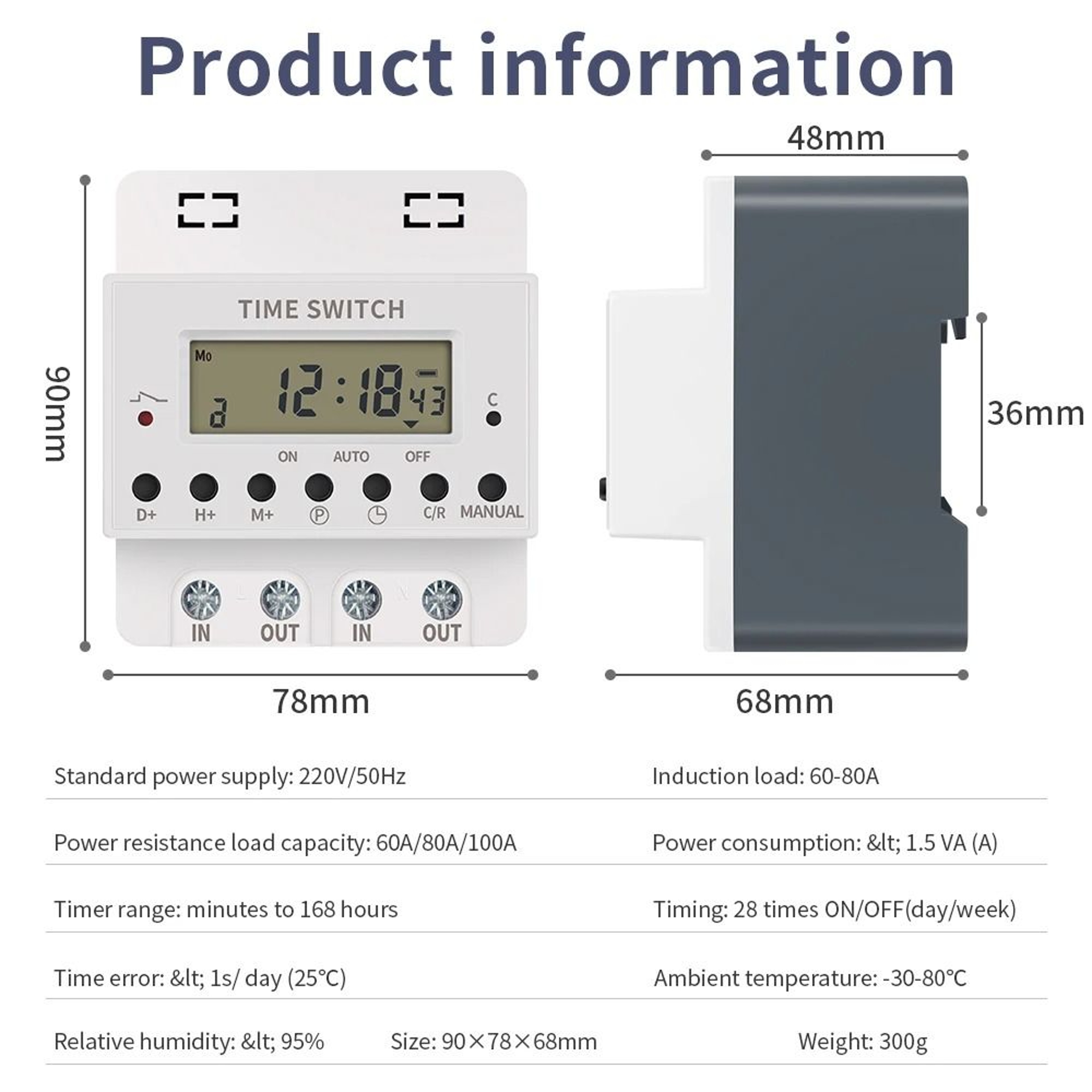 60A  80A  100A 220V HighPower Digital Electronic Timer Switch Weekly Programmable DIN Rail Relay 4