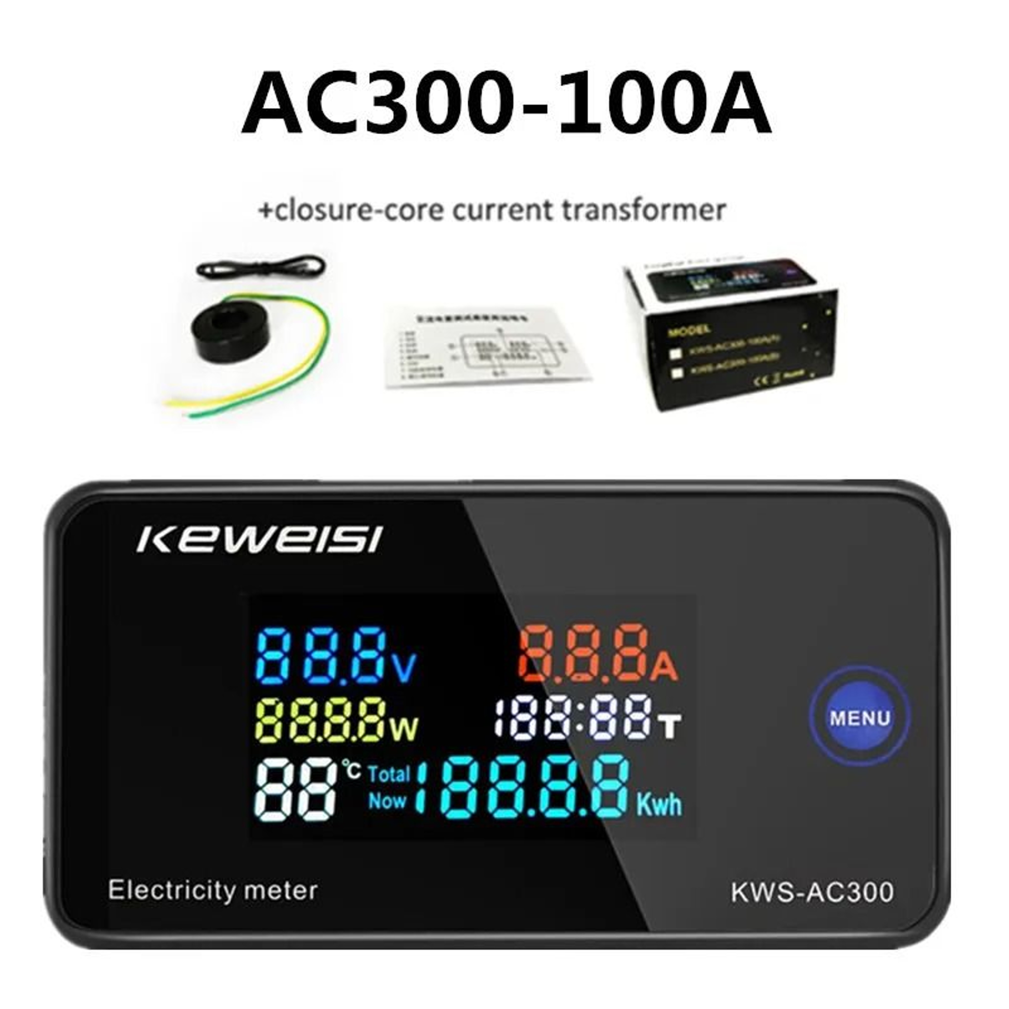 KWSAC300 Digital AC Voltmeter Ammeter Power Energy Meter 50300V 0100A LED Wattmeter With Reset Func 6