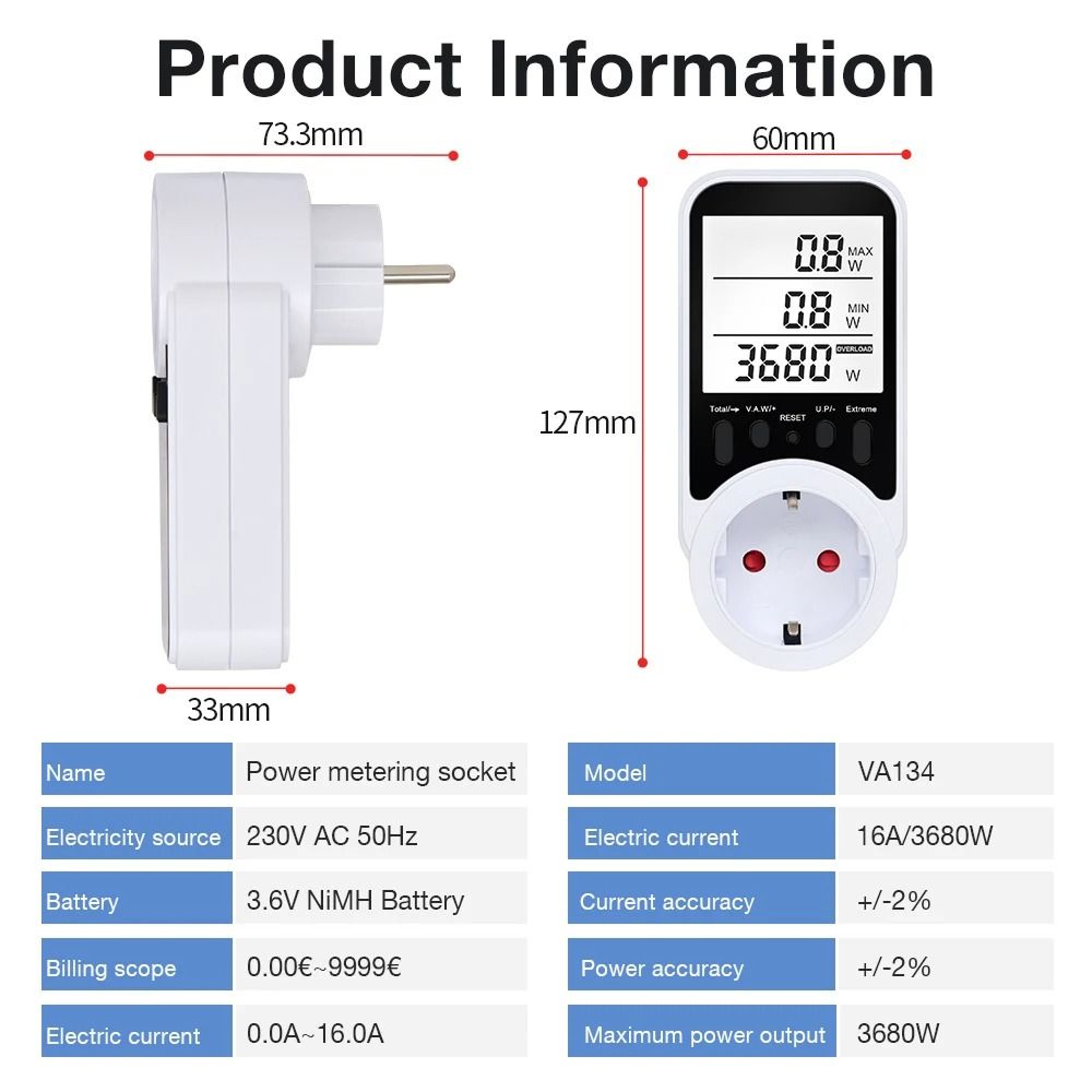 Digital LCD Energy Meter Wattmeter Power Consumption Analyzer Outlet 5