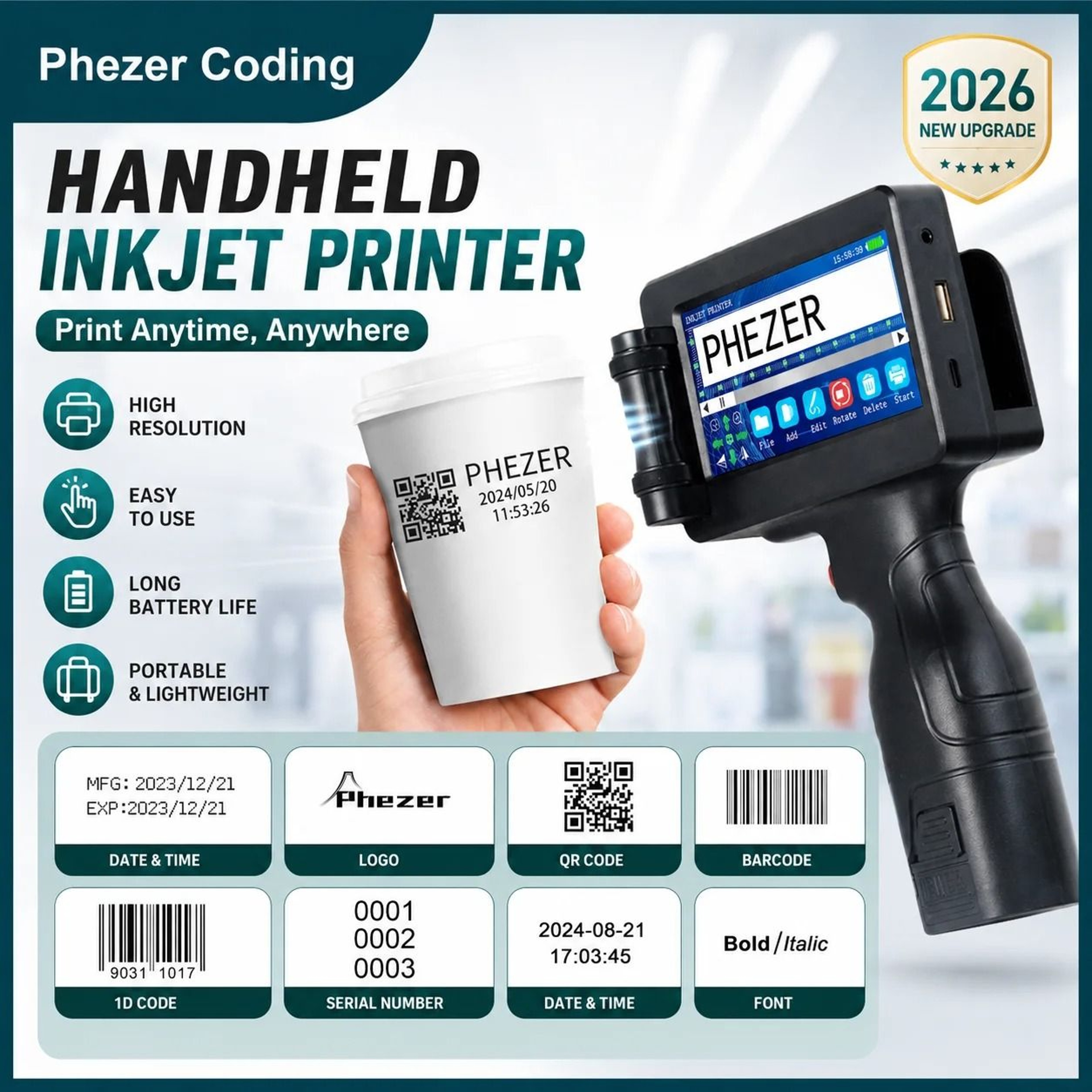 Phezer P17 Handheld Inkjet Printer 127mm Smart Batch Coding Machine 0