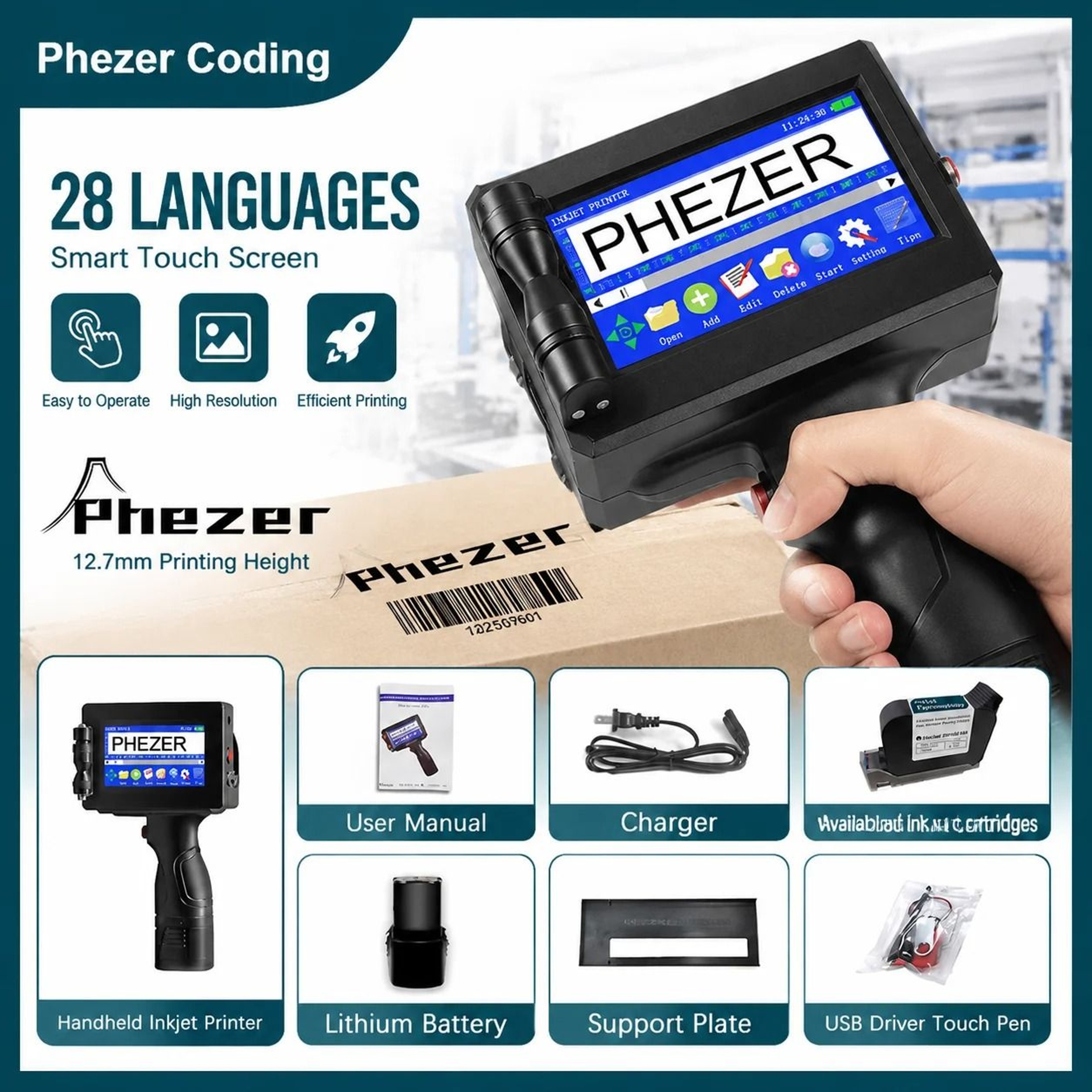 Phezer P15 Handheld Inkjet Printer 127mm  254mm For Expiry Date Batch Code  Barcode 0