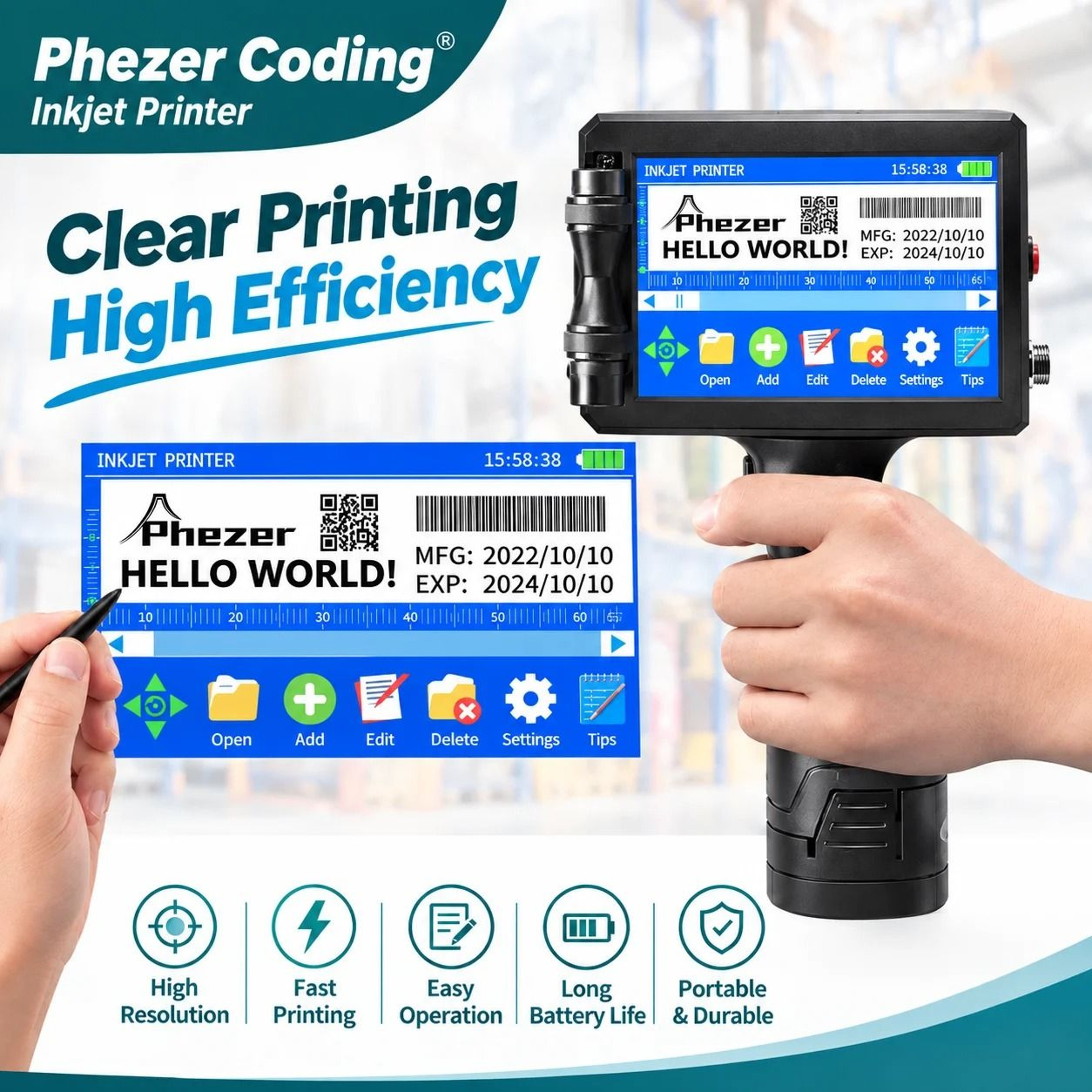 Phezer P15 Handheld Inkjet Printer 127mm For QR Code Barcode Expiry Date  Batch Number Marking 0