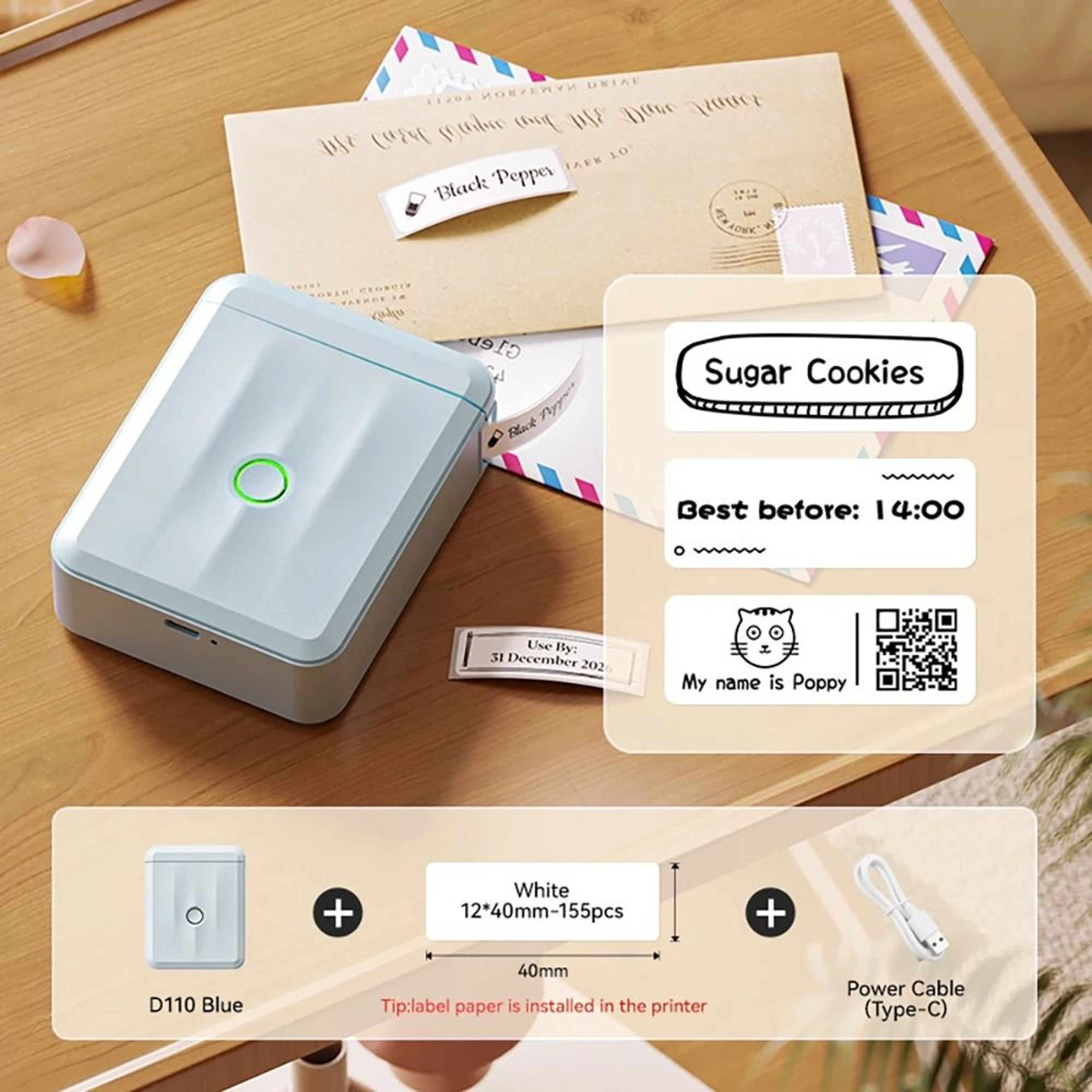 NIIMBOT D110 Mini Wireless Bluetooth Thermal Label Printer For Home Office Cables  Color Stickers 15