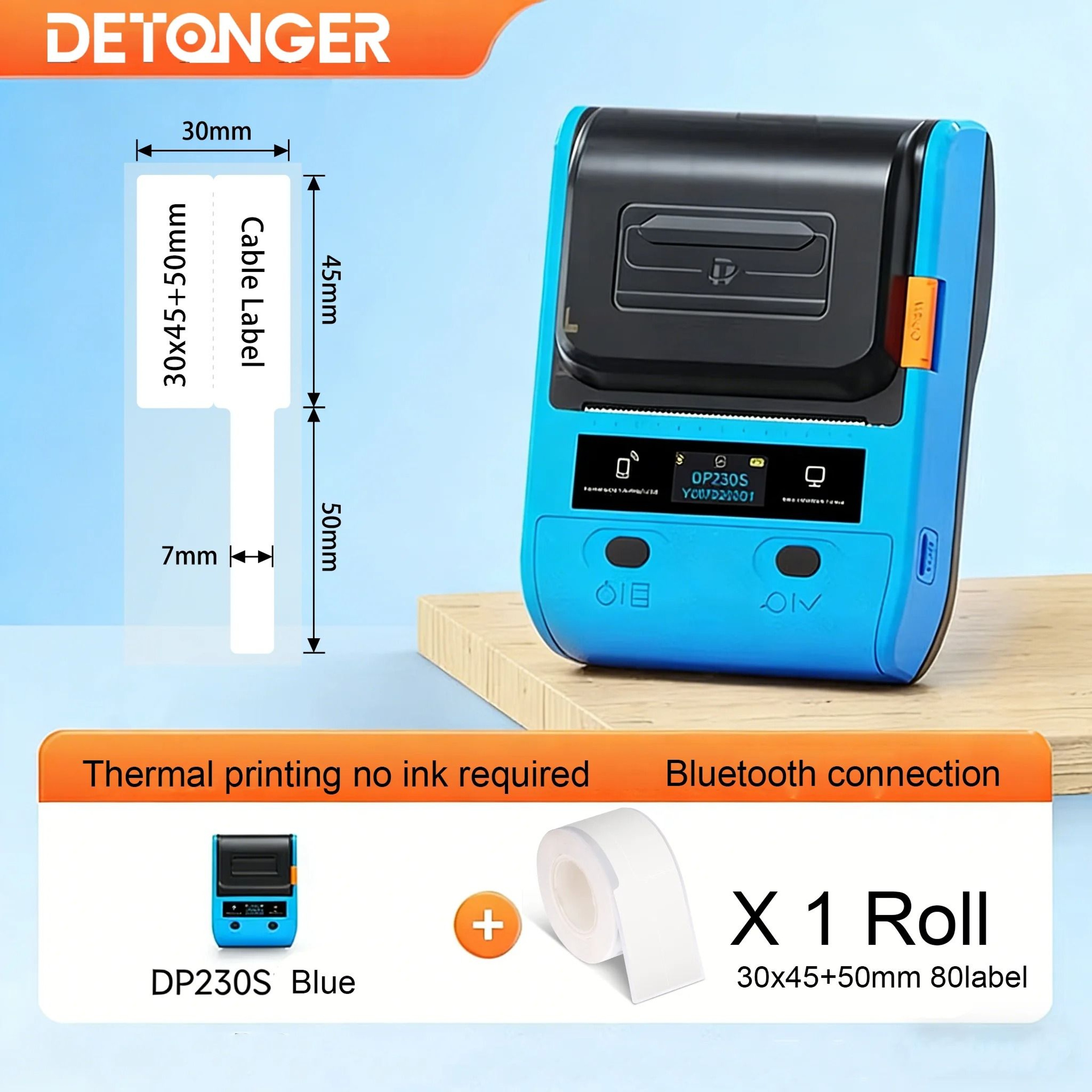 DETONGER DP230S 64mm Portable Smart Thermal Label Printer Wireless Bluetooth Barcode QR Code Cable  10