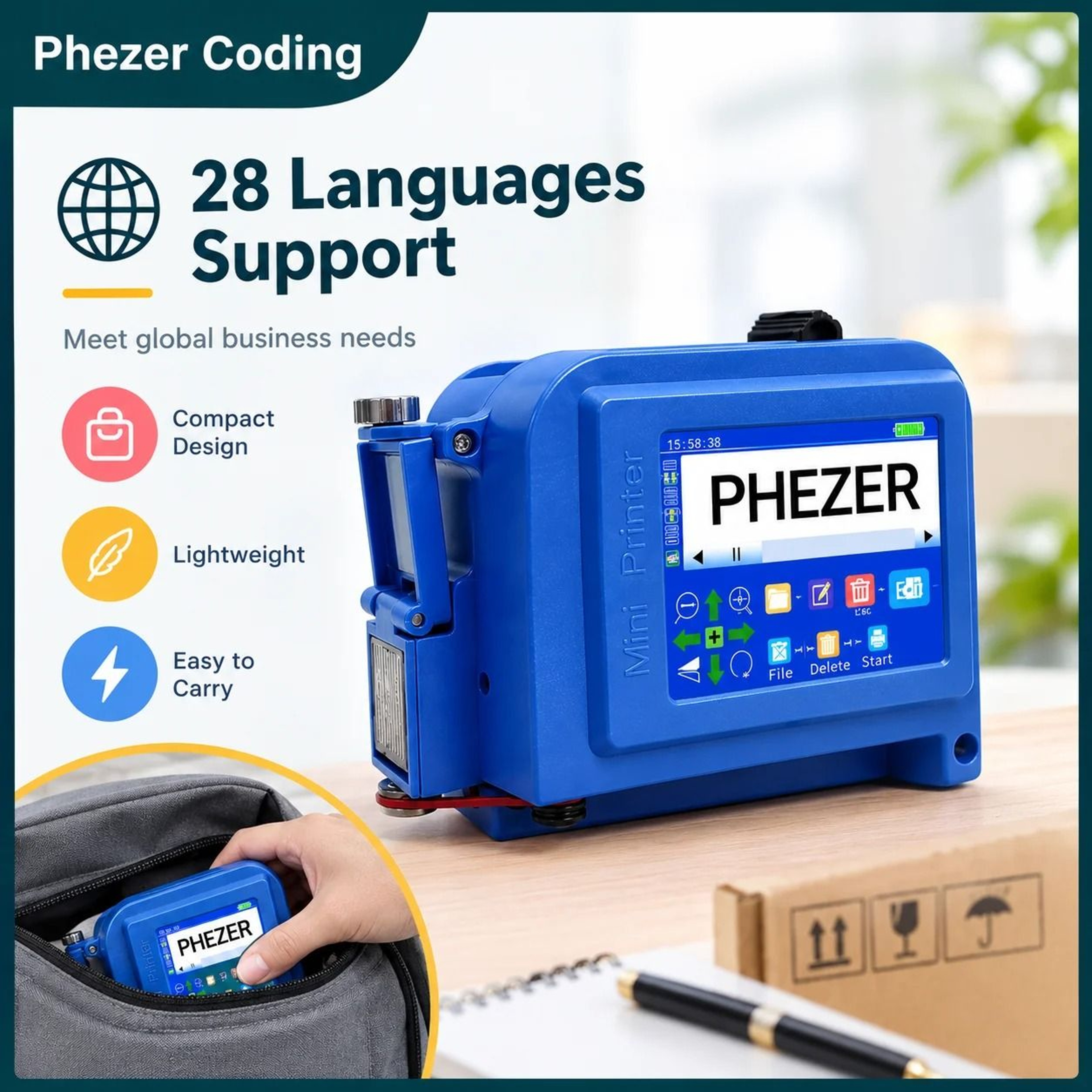 Phezer PC11Plus 127mm 254mm Mini Portable Handheld Inkjet Printer For Batch Code QR Date Logo 0