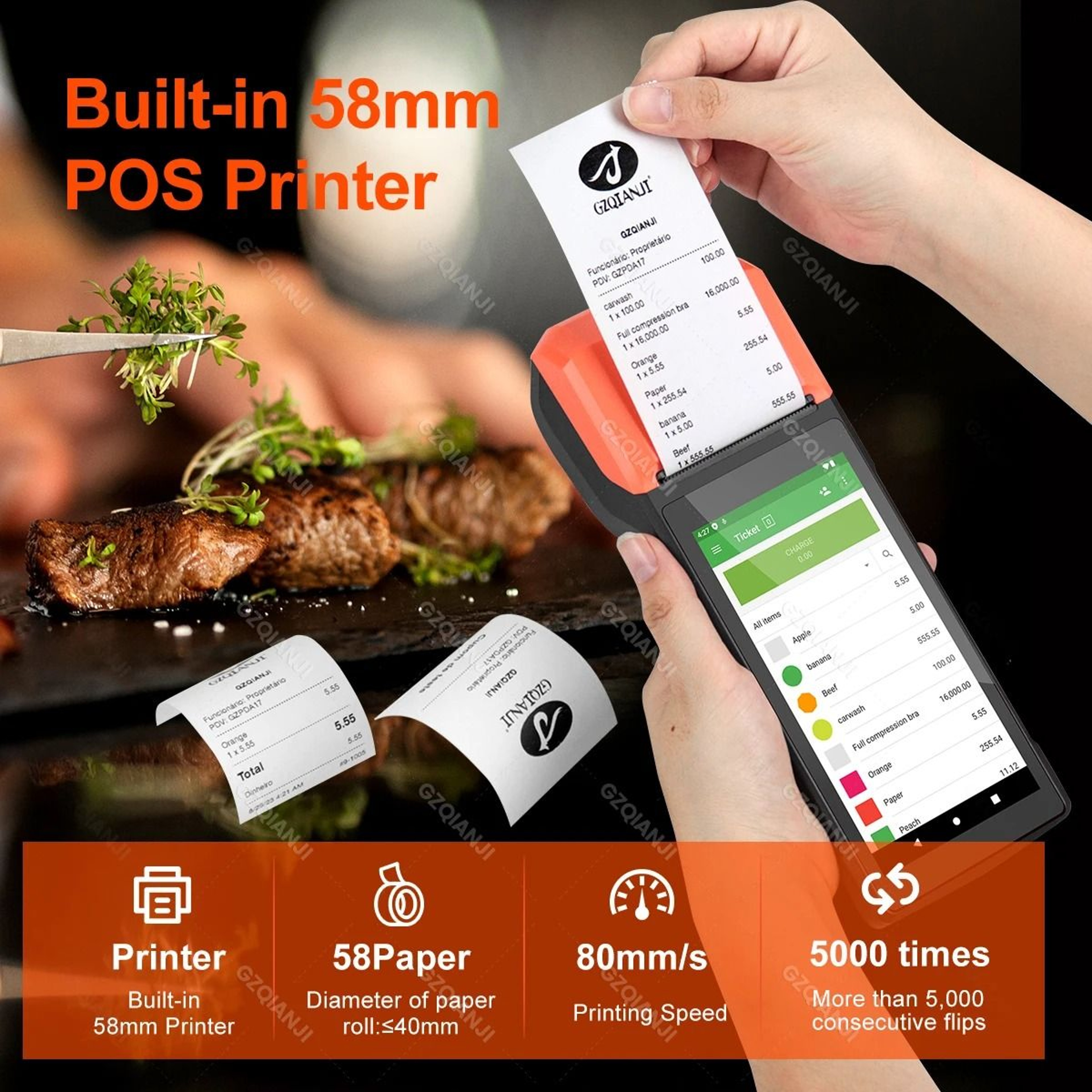 Android PDA Terminal POS Machine 50 Touch Screen Builtin 58mm Thermal Printer WiFi GPS 2