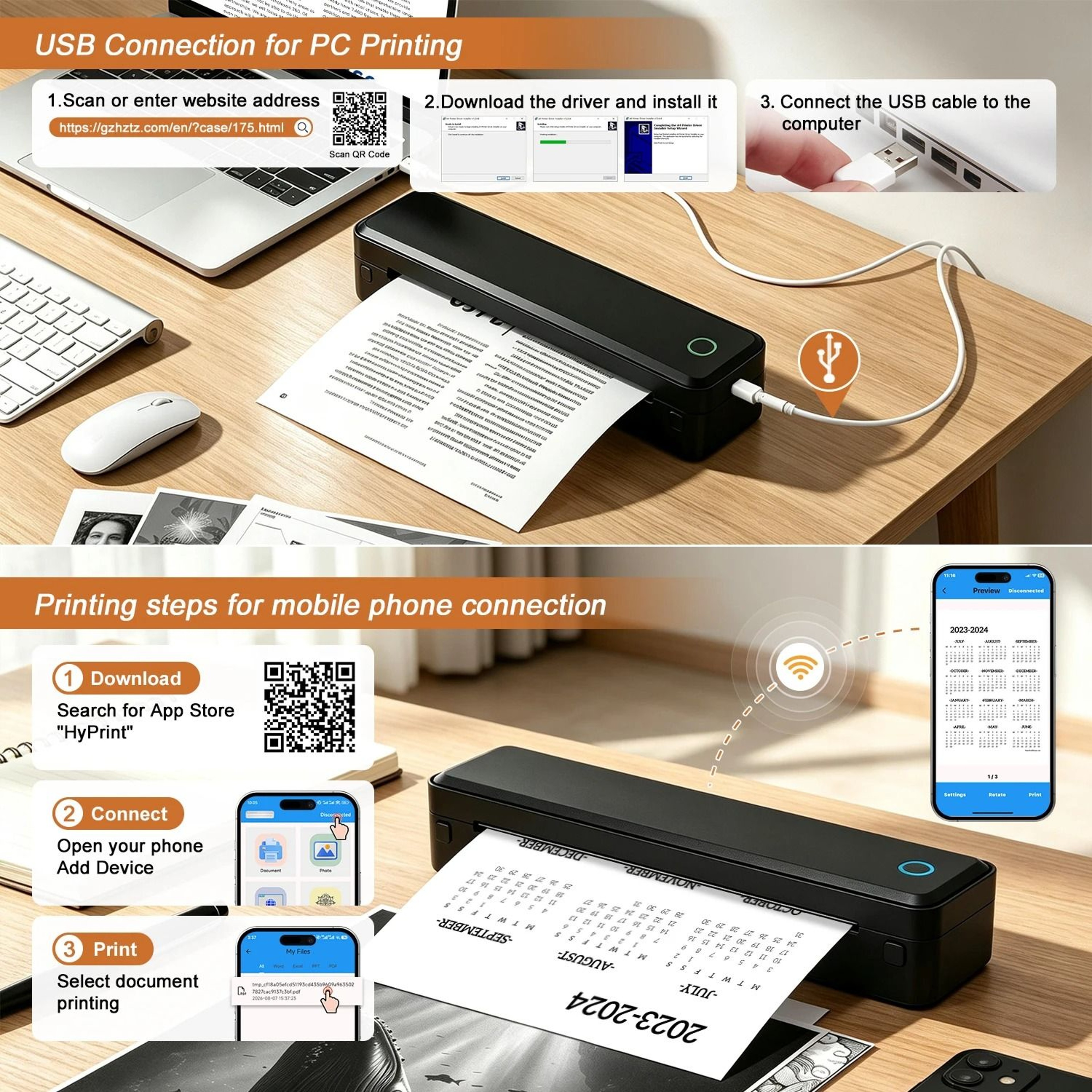 A4 Portable Bluetooth Wireless Thermal Printer 203DPI Rechargeable Inkless Business Travel Document 3