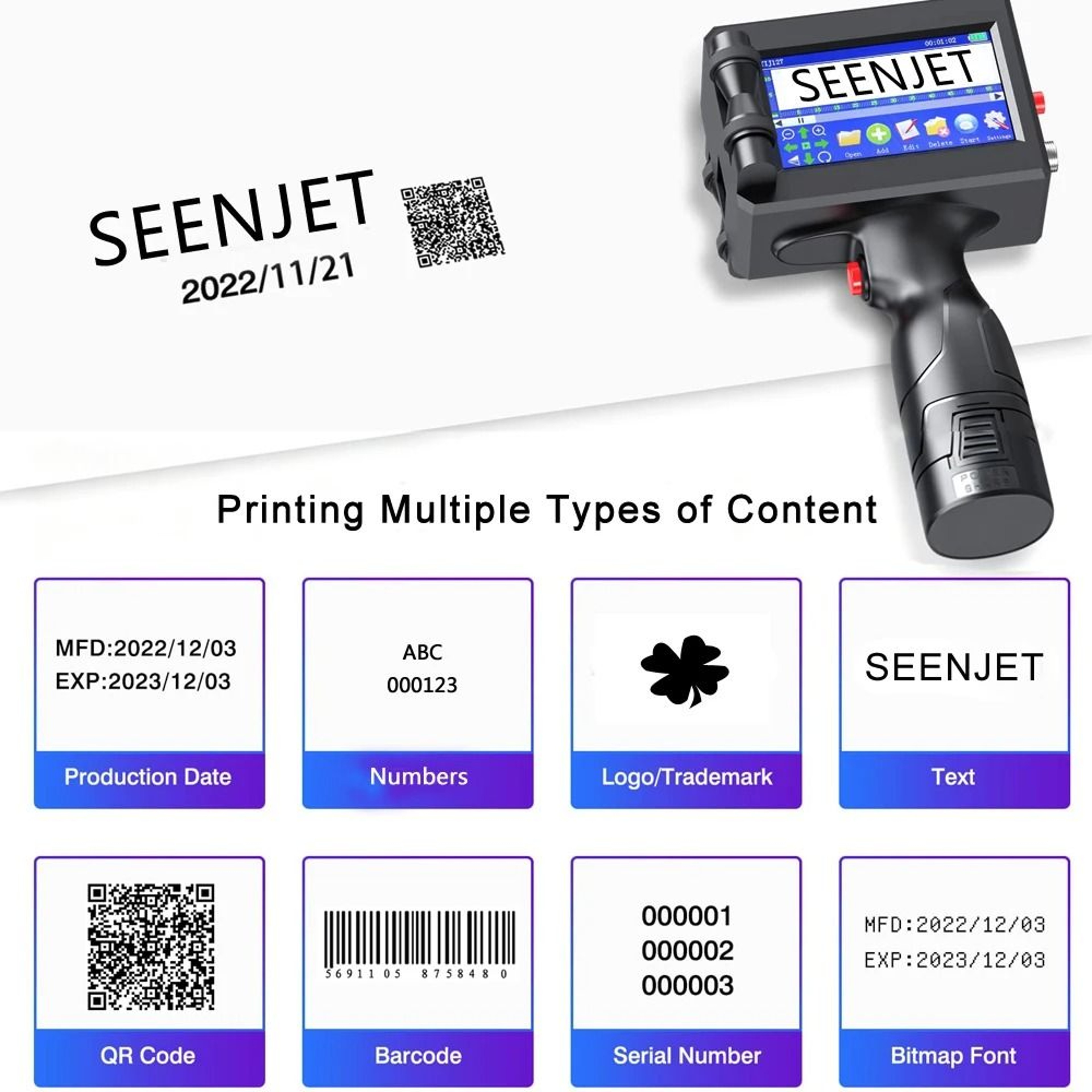 SEENJET 127mm Handheld Inkjet Printer Gun Date Number Logo Coding Machine 1