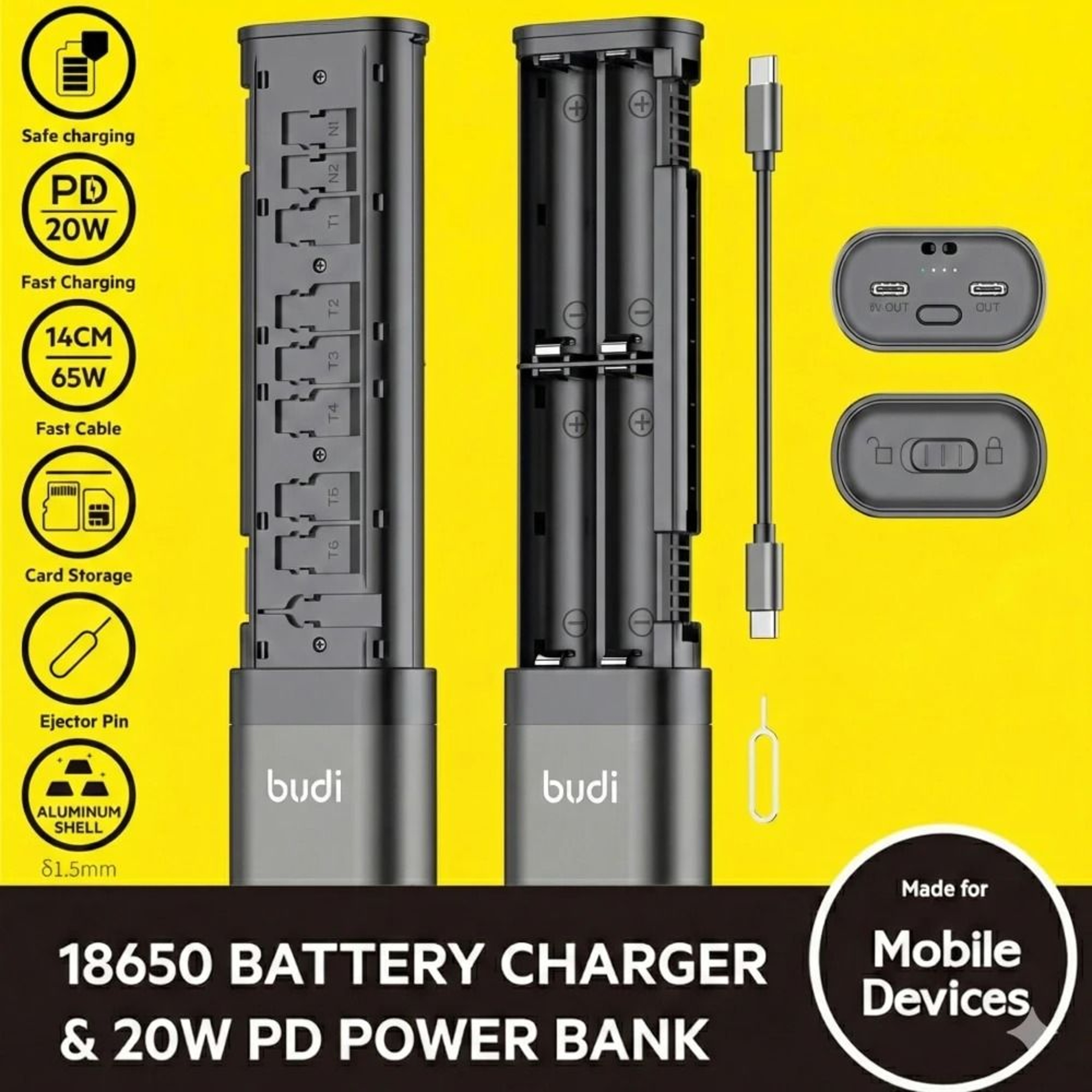 Budi 18650 Battery Fast Charger 20W PD Power Bank With SIM  TF Card Storage Case 0
