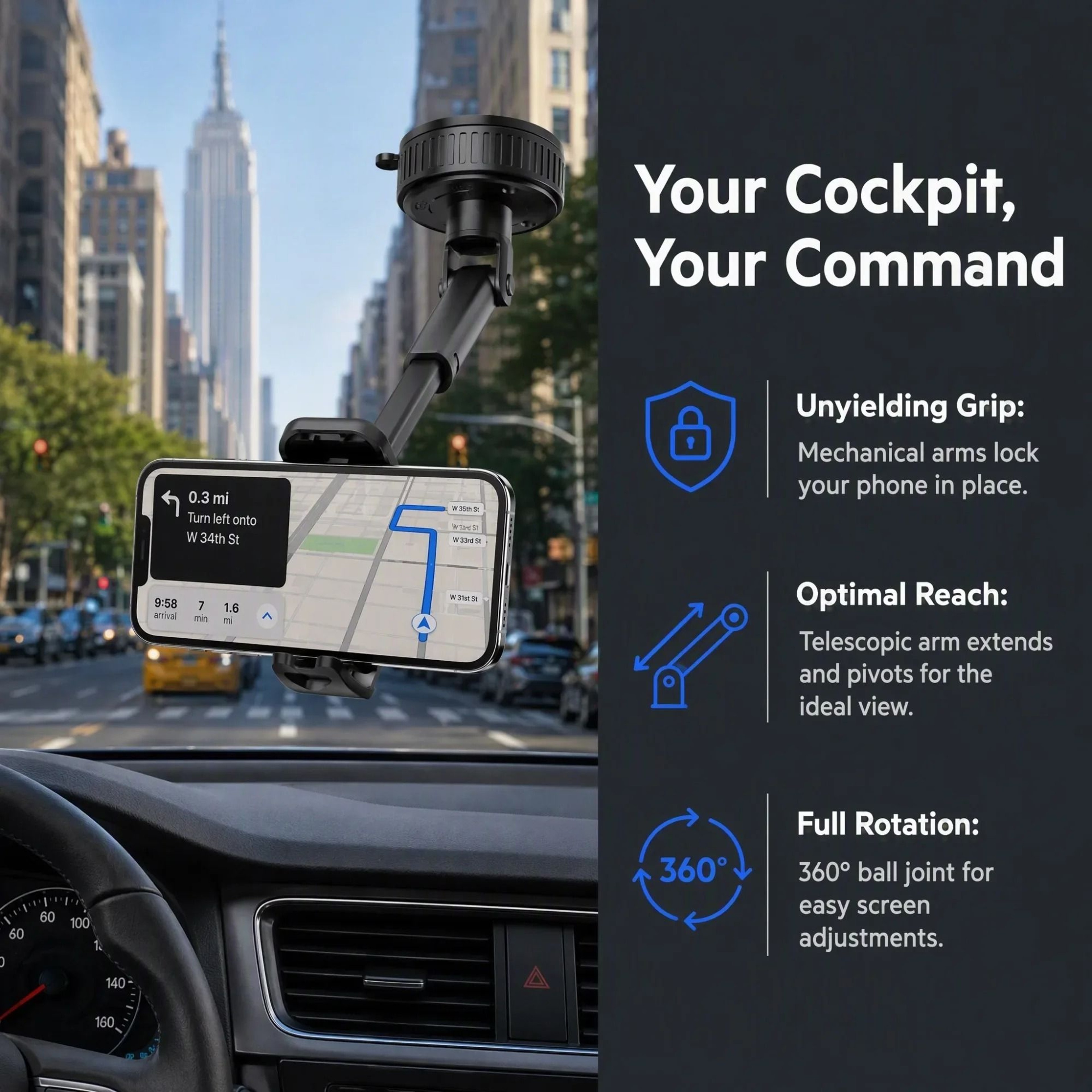 Mechanical Clamping Universal Car Phone Mount  Telescopic Long Arm Suction Cup Windshield  Dashboar 4