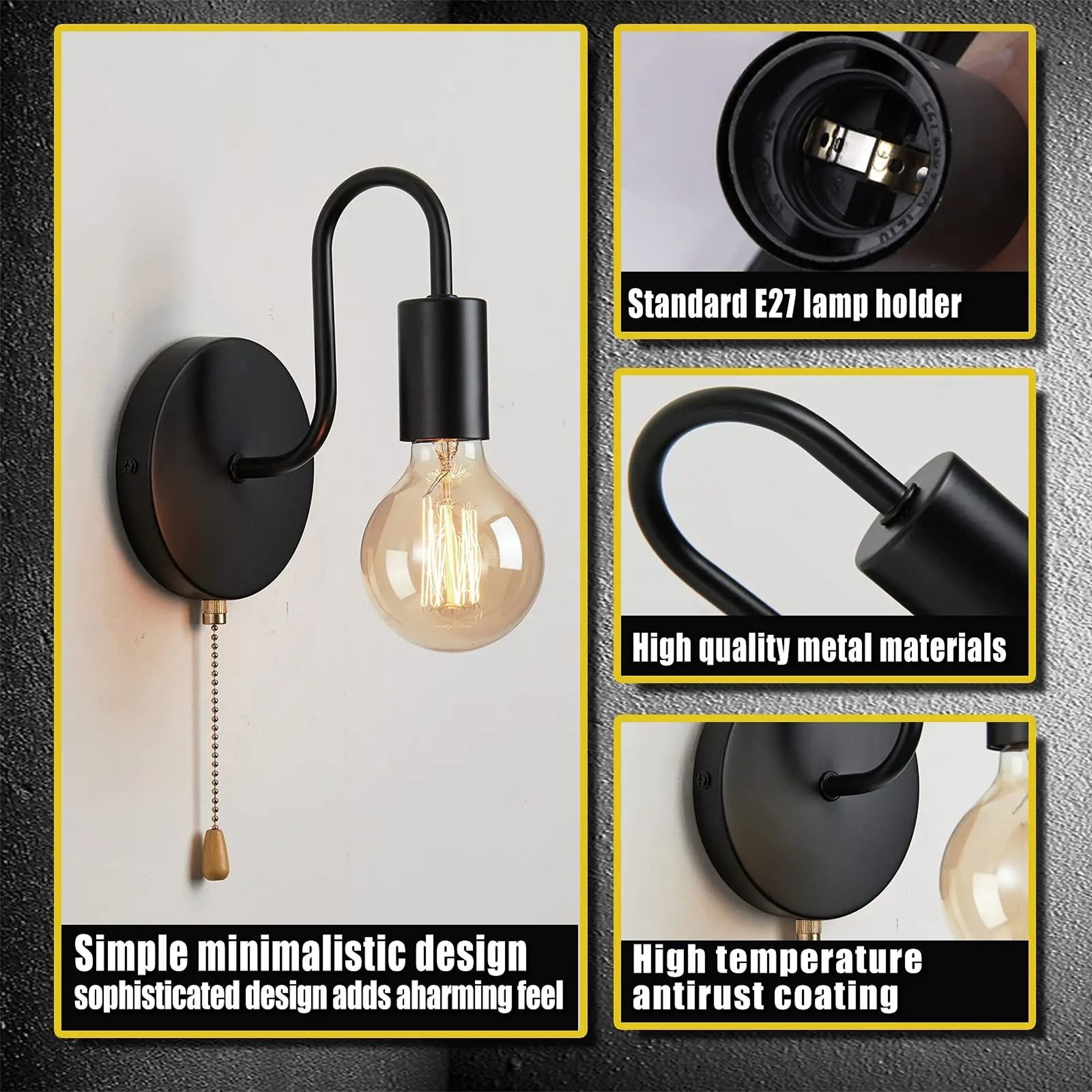 Nordic Industrial Black Iron Wall Sconce  Modern E27 Bedside  Vanity Lamp Fixture 3