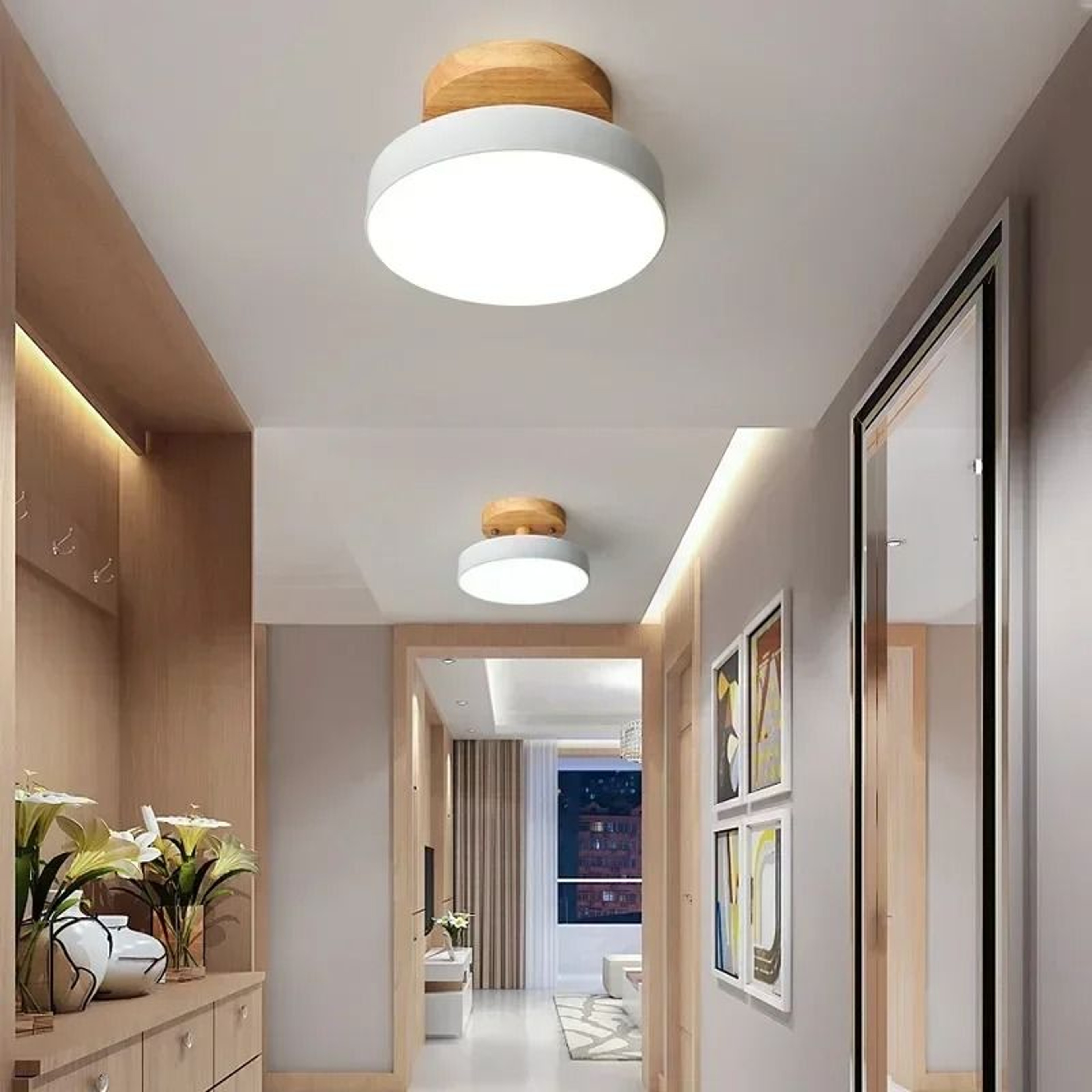 Nordic Wood FlushMount Ceiling Light  Modern Round Fixture For Hallway  Bedroom 2