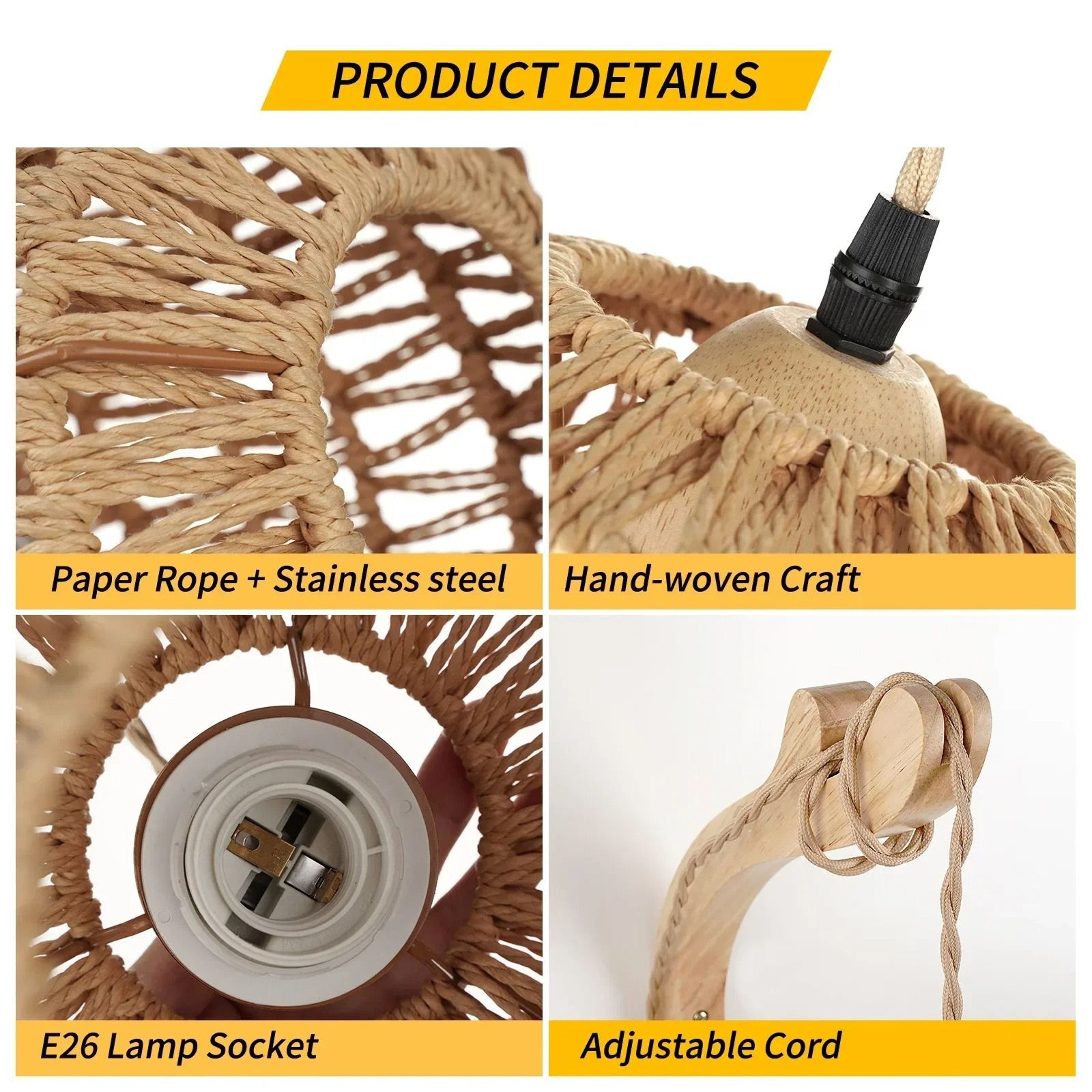 Boho Rattan Woven Wall Sconce  Retro Hemp Rope E27 Bedside Light Fixture 4