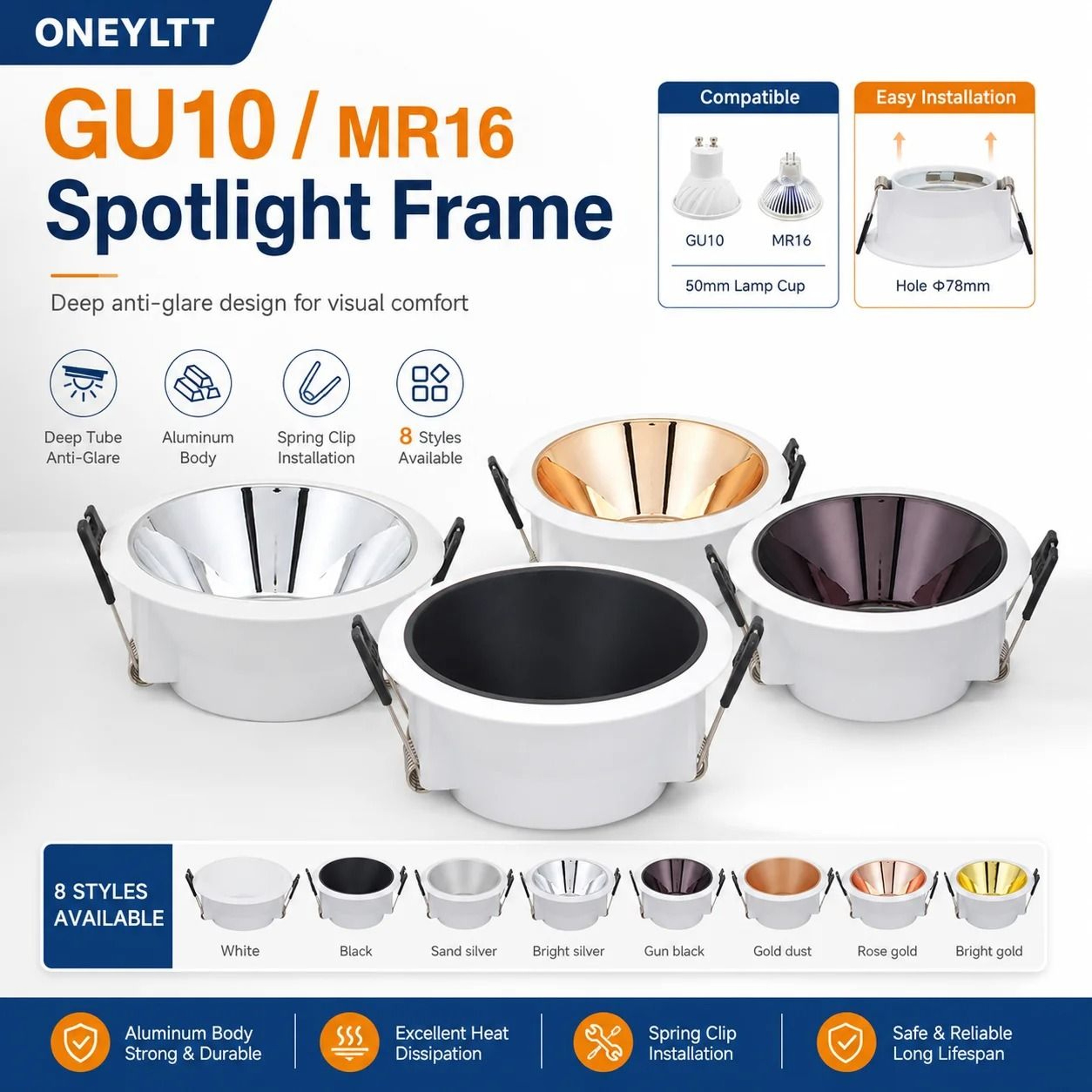 Recessed Aluminum Downlight Mounting Frame  78mm Cutout GU10 MR16 Ceiling Spotlight Bracket 0