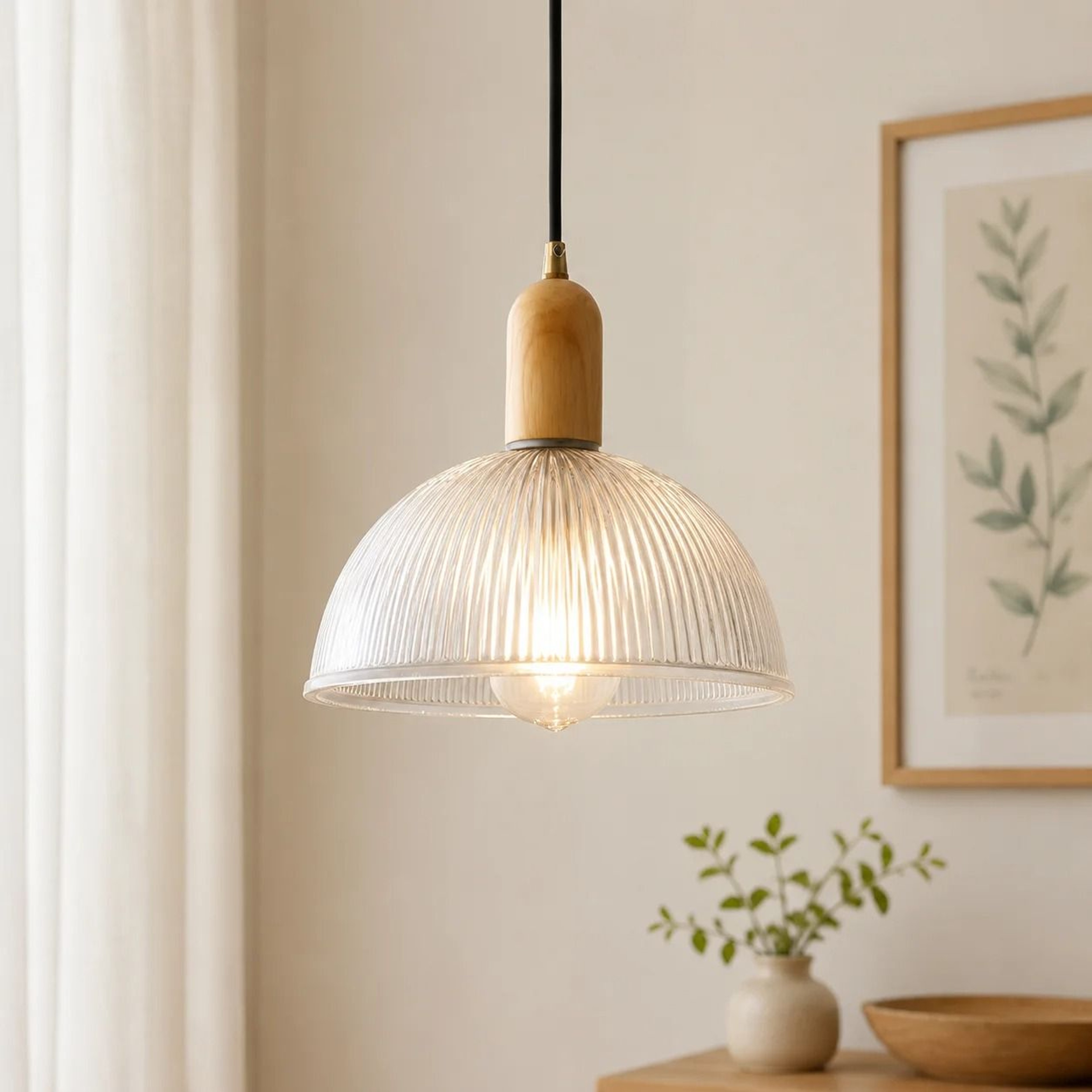 Vintage Modern Glass  Wood Pendant Light  Nordic Retro Hanging Lamp For Dining Room Kitchen Island  4