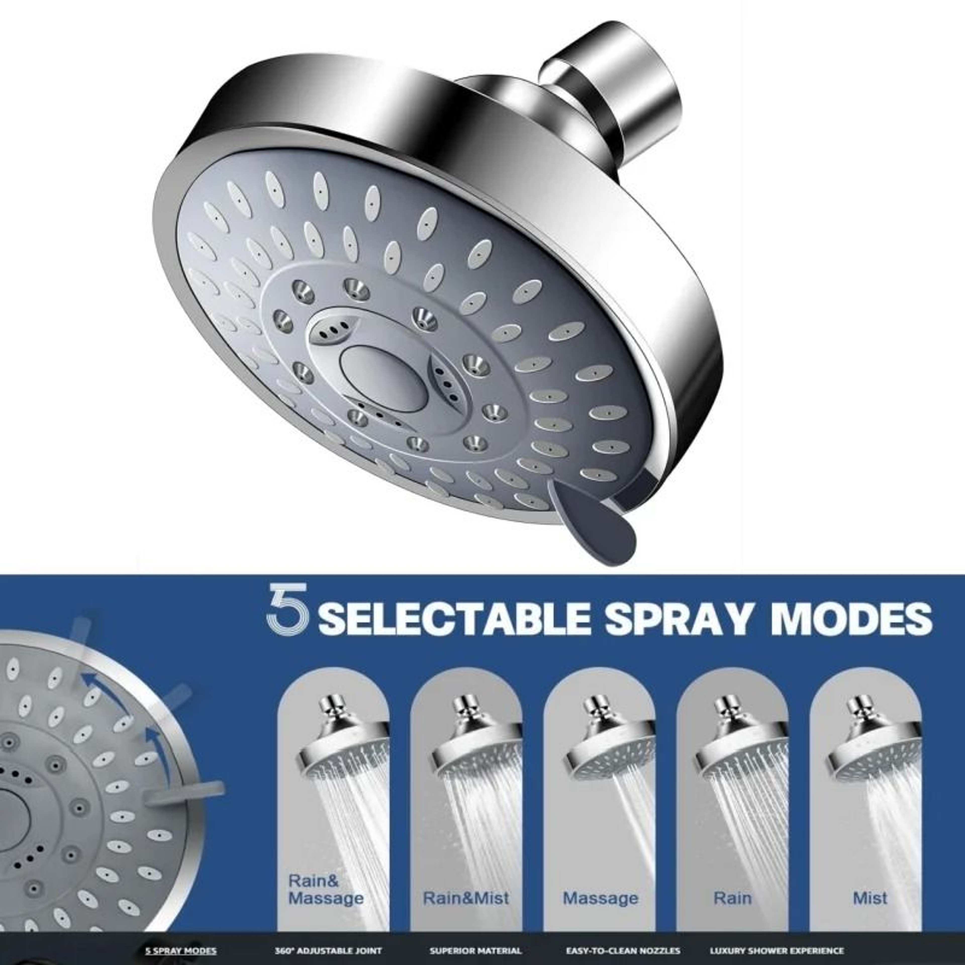 5Mode High Pressure Fixed Showerhead  4Inch High Flow Bathroom Rain Sprayer Replacement 0