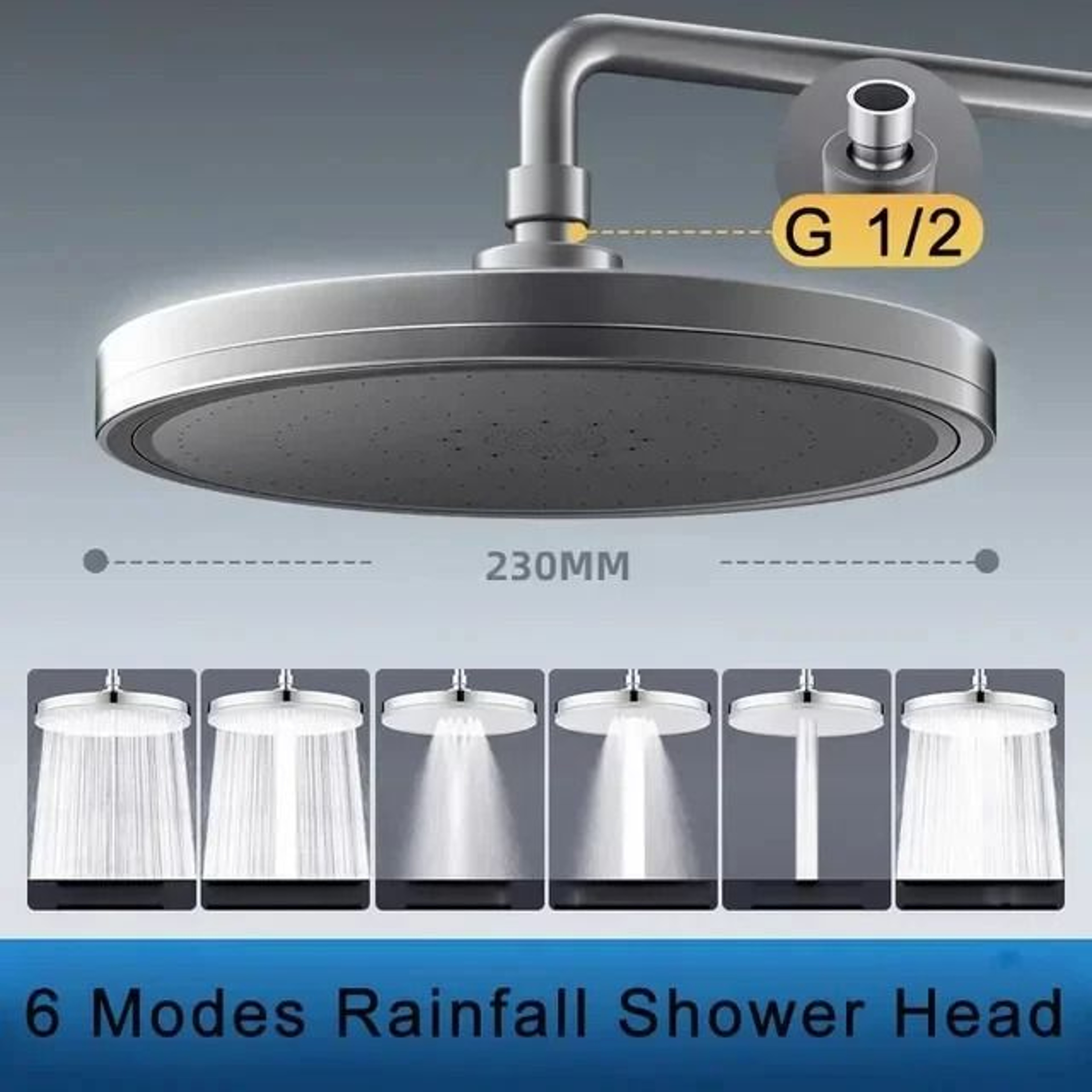 230mm Large Panel Rainfall Showerhead  6Mode High Pressure Supercharged Bathroom Top Rain Shower 9