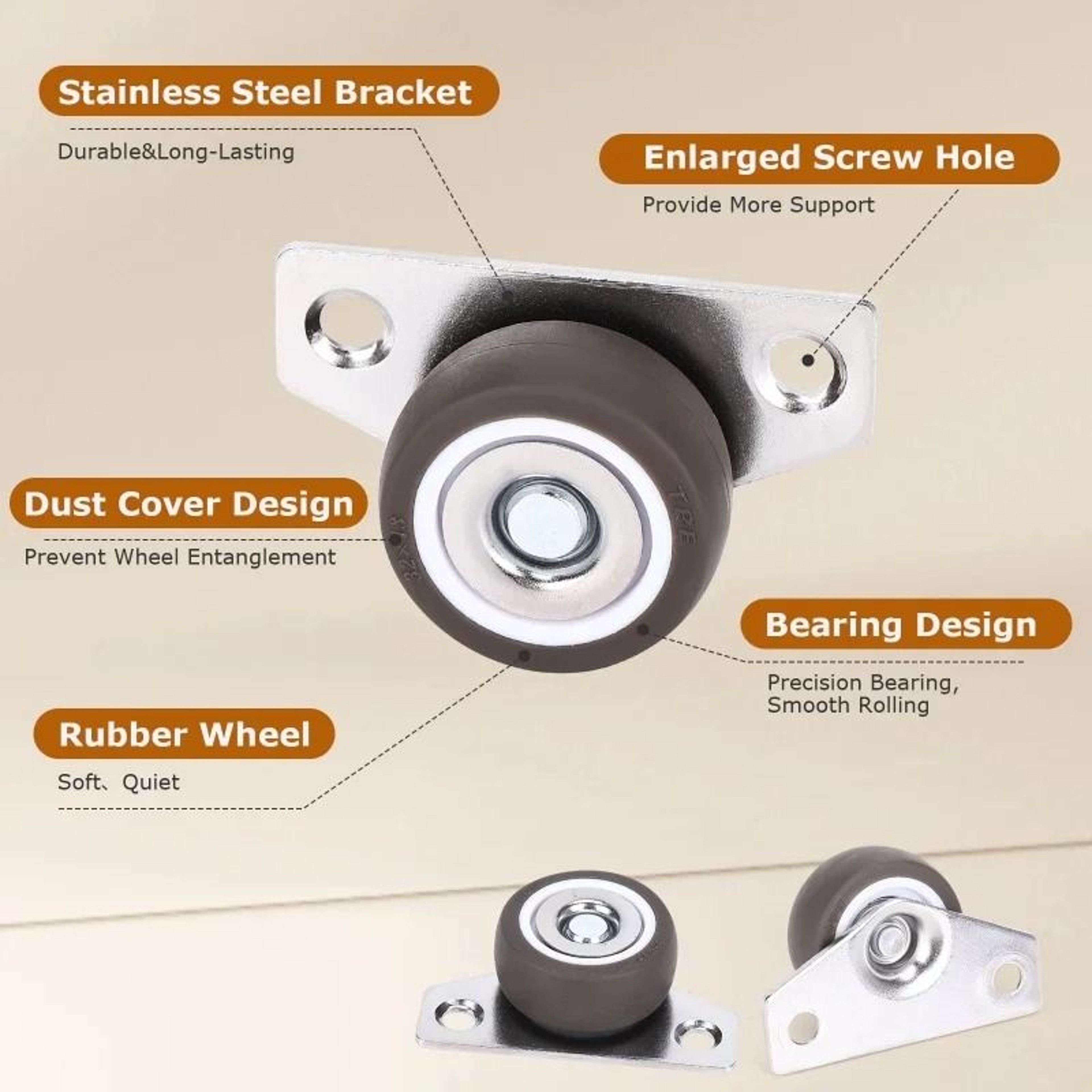 SideMount Silent Mini Caster Wheels  125Inch TPE Rubber LowProfile Furniture Pulley Rollers 4