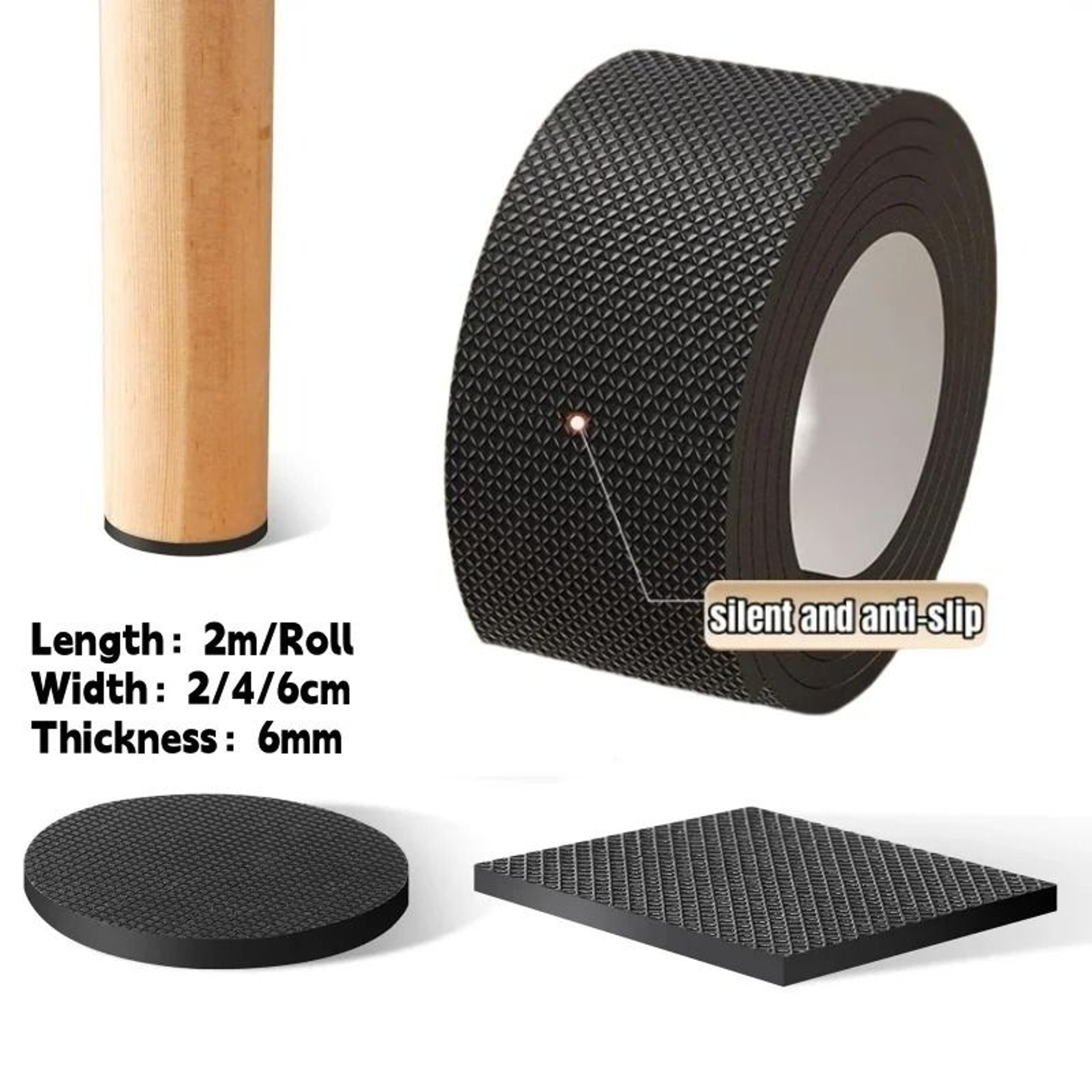 2M Cuttable Roll SelfAdhesive NonSlip Furniture Pads  Extra Thick 6mm Rubber Floor Protector Tape 0