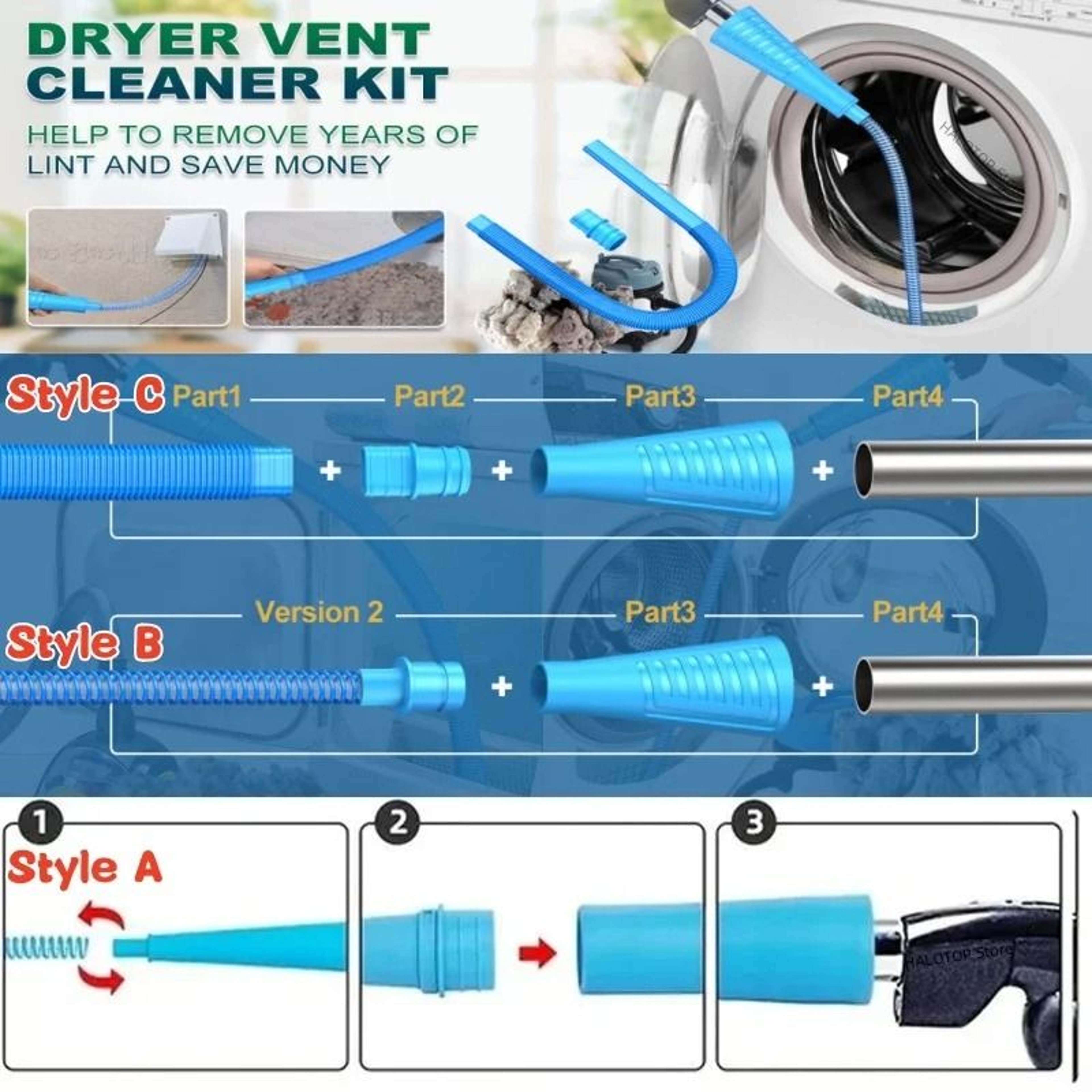 3Type Flexible Dryer Vent Cleaner Vacuum Attachment Kit  Deep Lint Remover Cleaning Hose Set 2