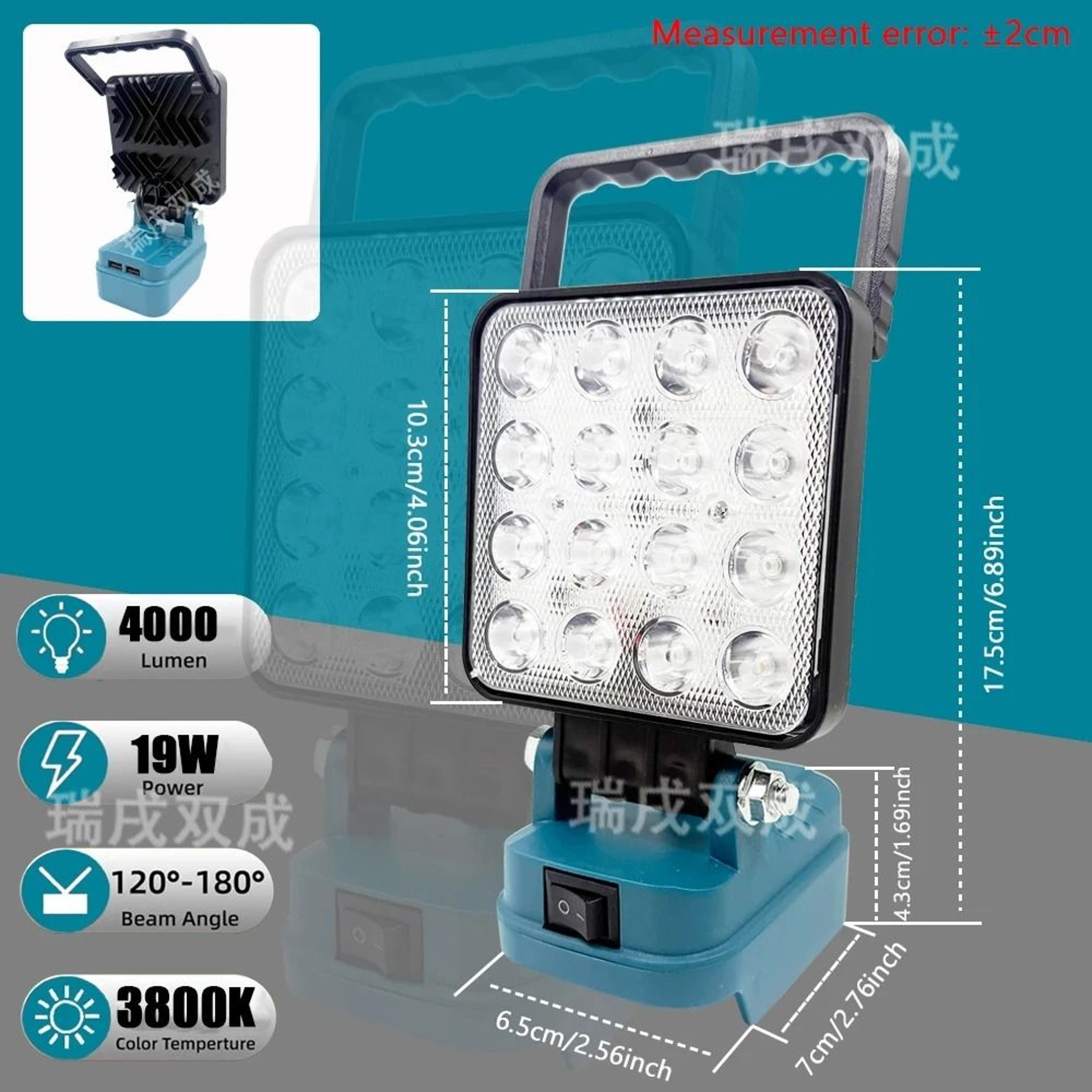 4Inch 16LED Cordless Work Light Spotlight  USB Charger Adapter For Makita Milwaukee  DeWalt 18V20V  5