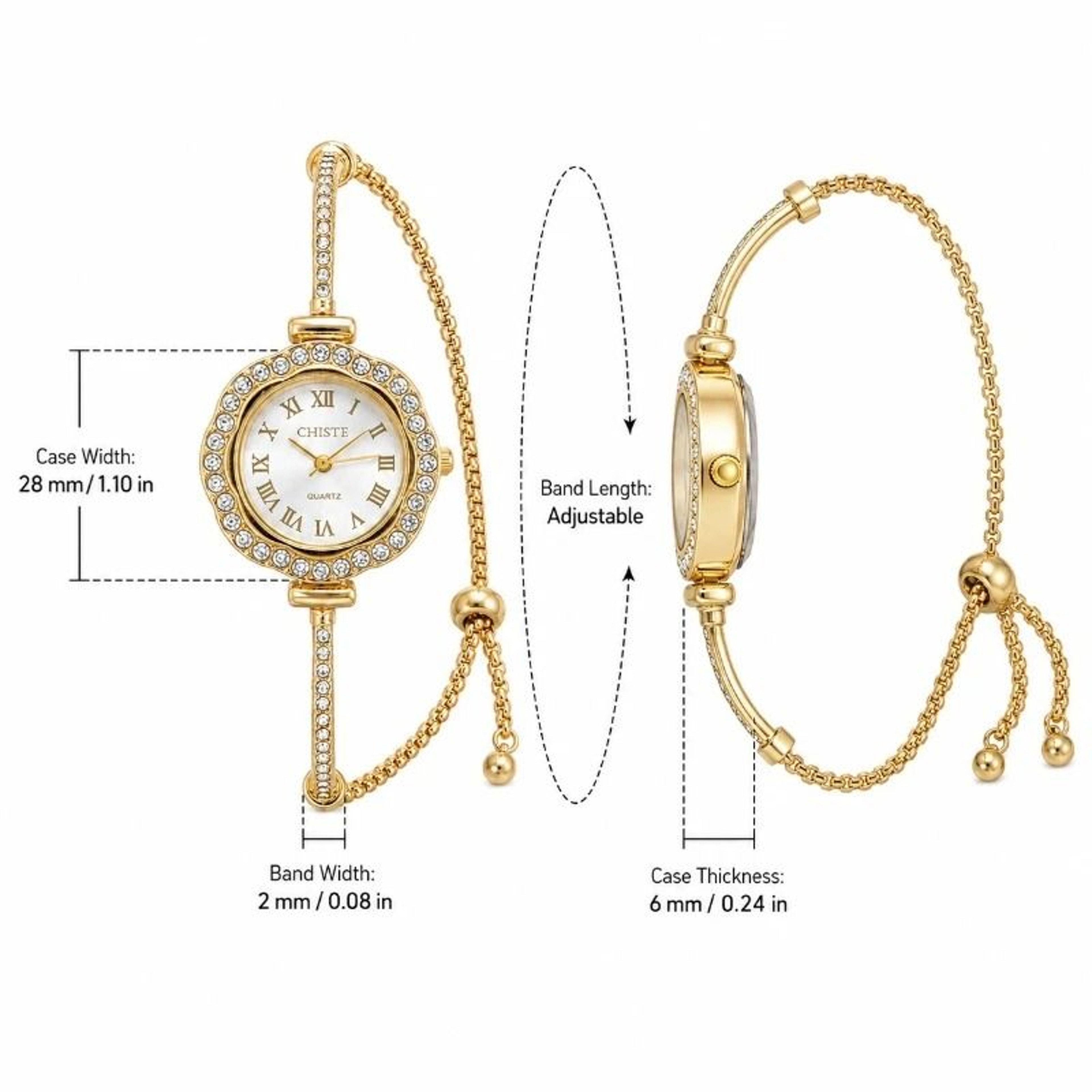 Luxury Rhinestone Quartz Watch  Slim Gold Bracelet Set For Women 5