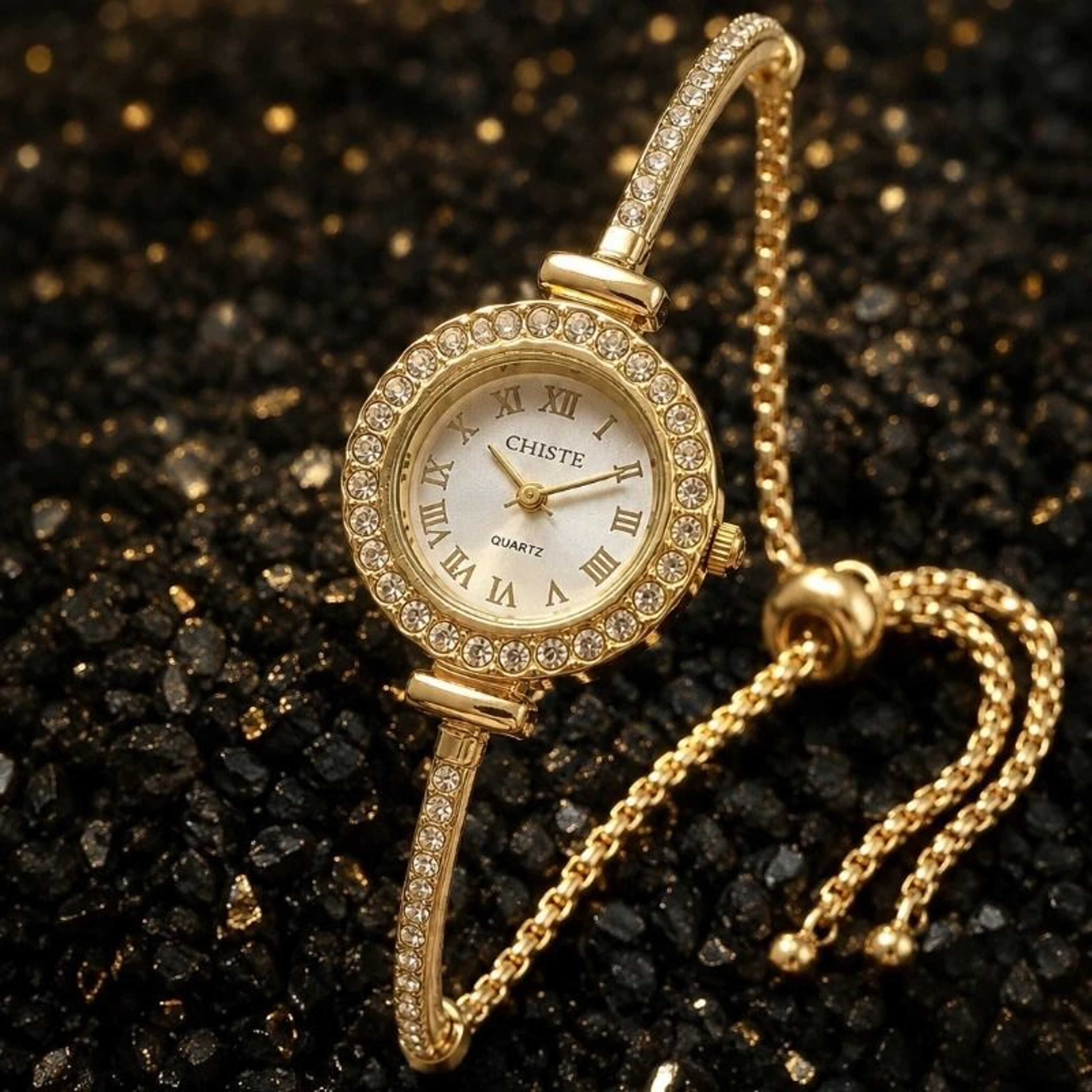 Luxury Rhinestone Quartz Watch  Slim Gold Bracelet Set For Women 3