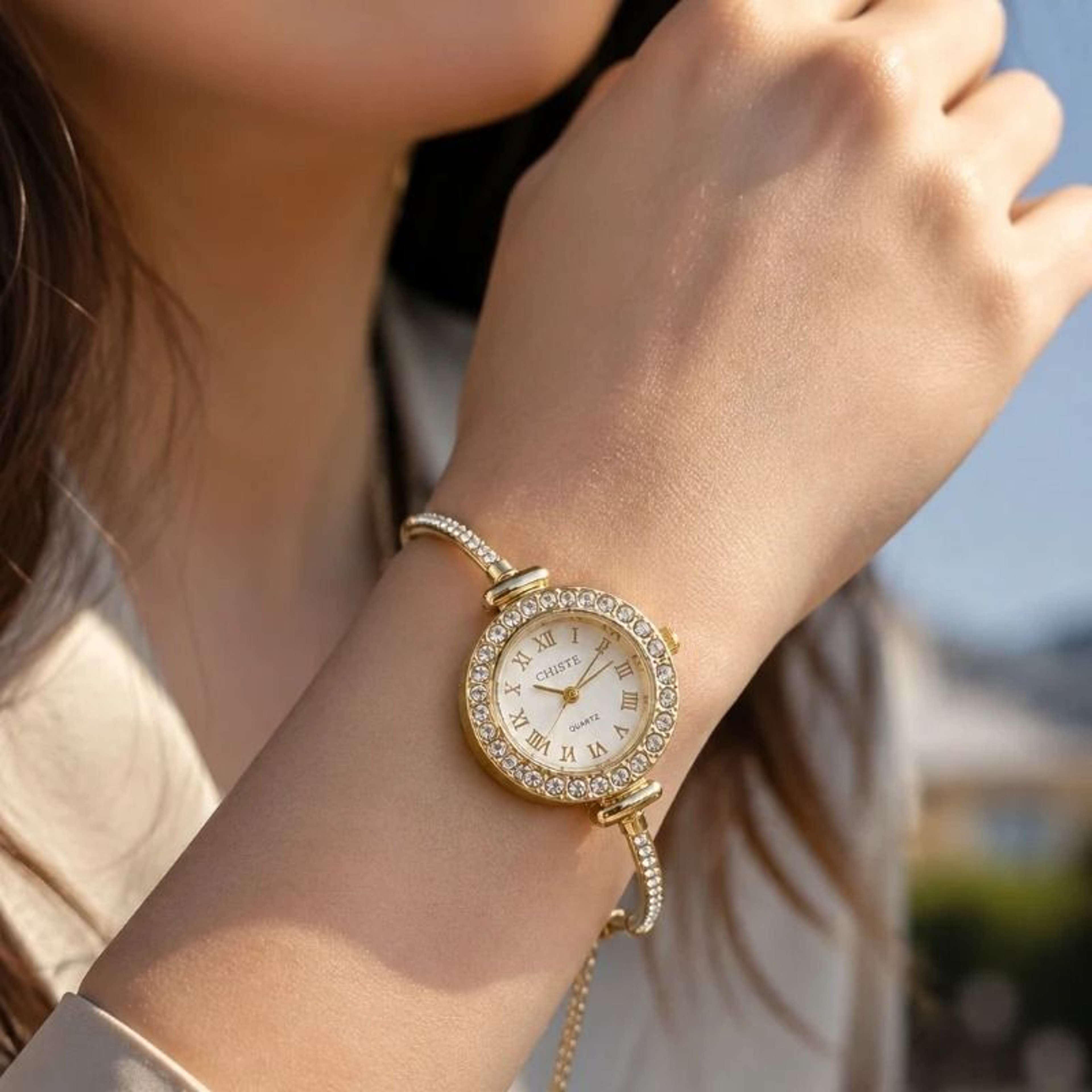 Luxury Rhinestone Quartz Watch  Slim Gold Bracelet Set For Women 4