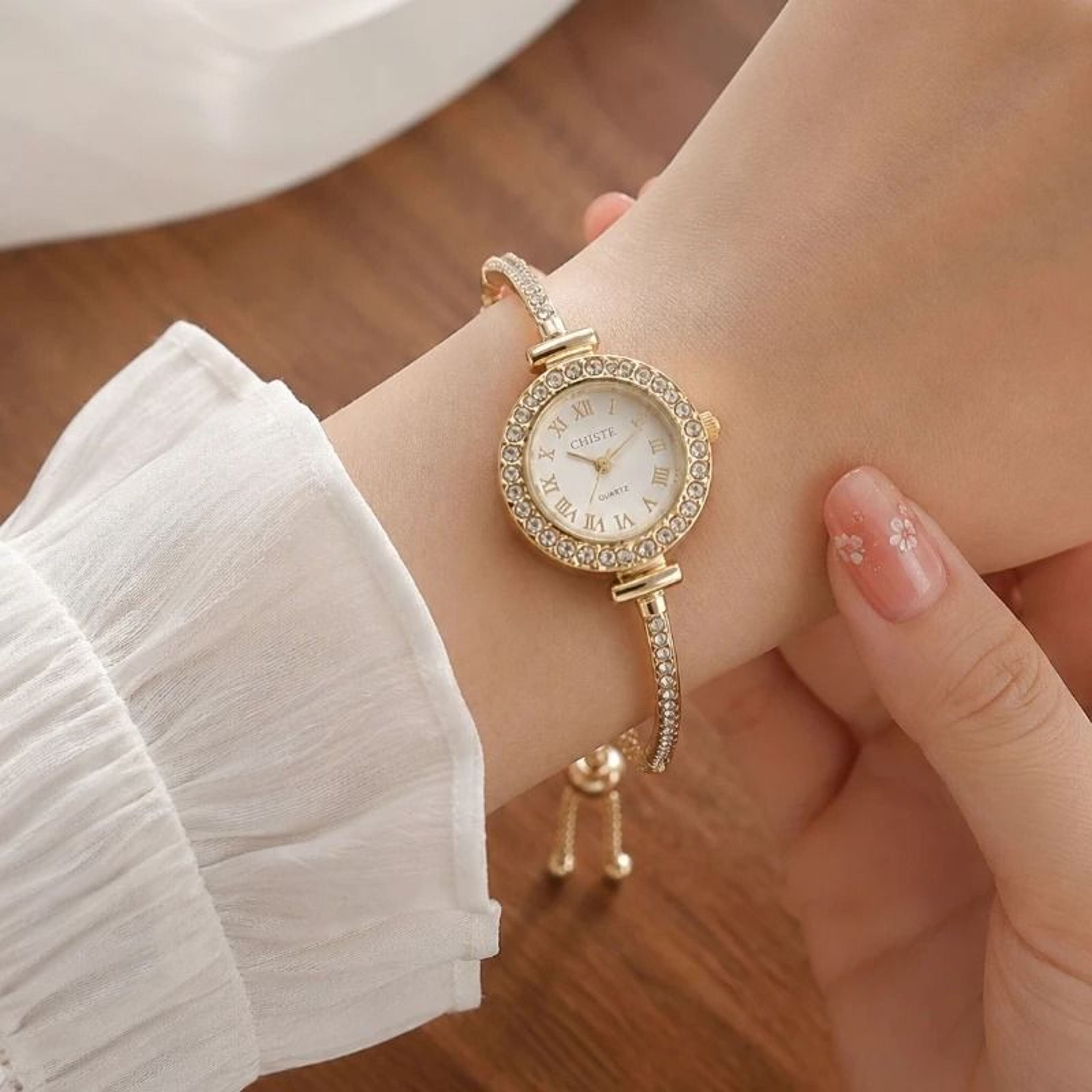 Luxury Rhinestone Quartz Watch  Slim Gold Bracelet Set For Women 0