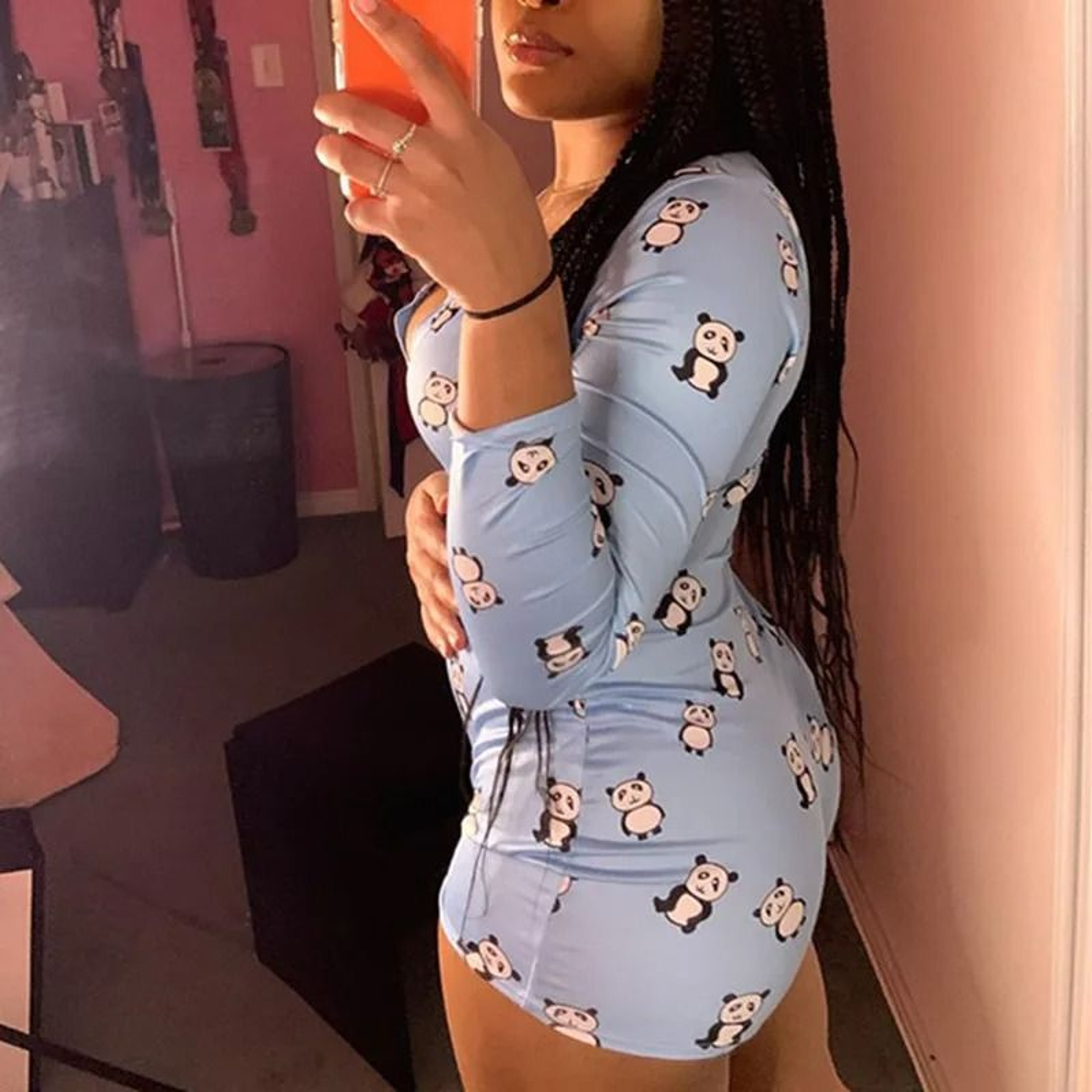 Womens Blue Cute Panda Print Long Sleeve Short Jumpsuit Sexy Onesie Sleepwear 1