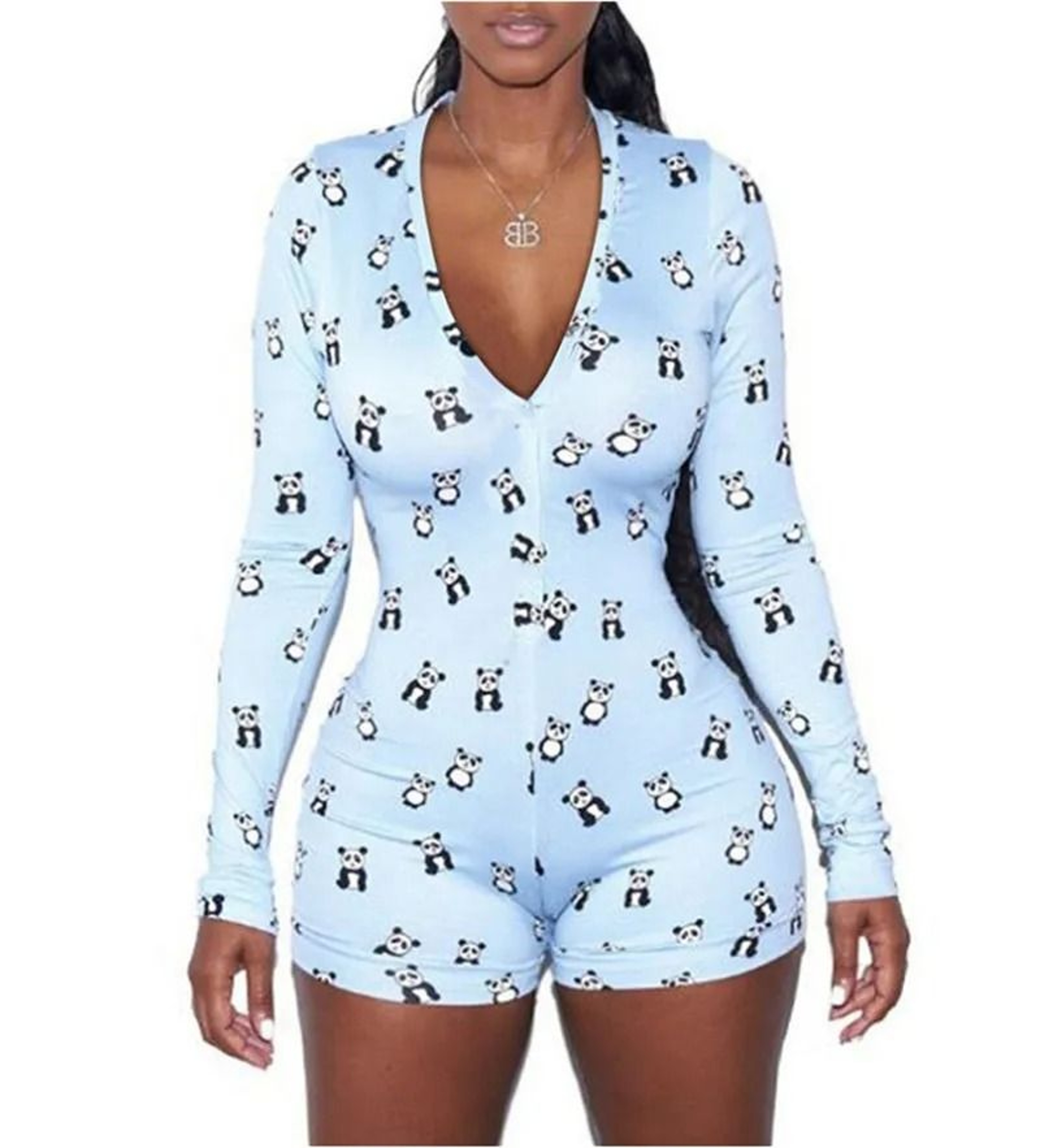 Womens Blue Cute Panda Print Long Sleeve Short Jumpsuit Sexy Onesie Sleepwear 2