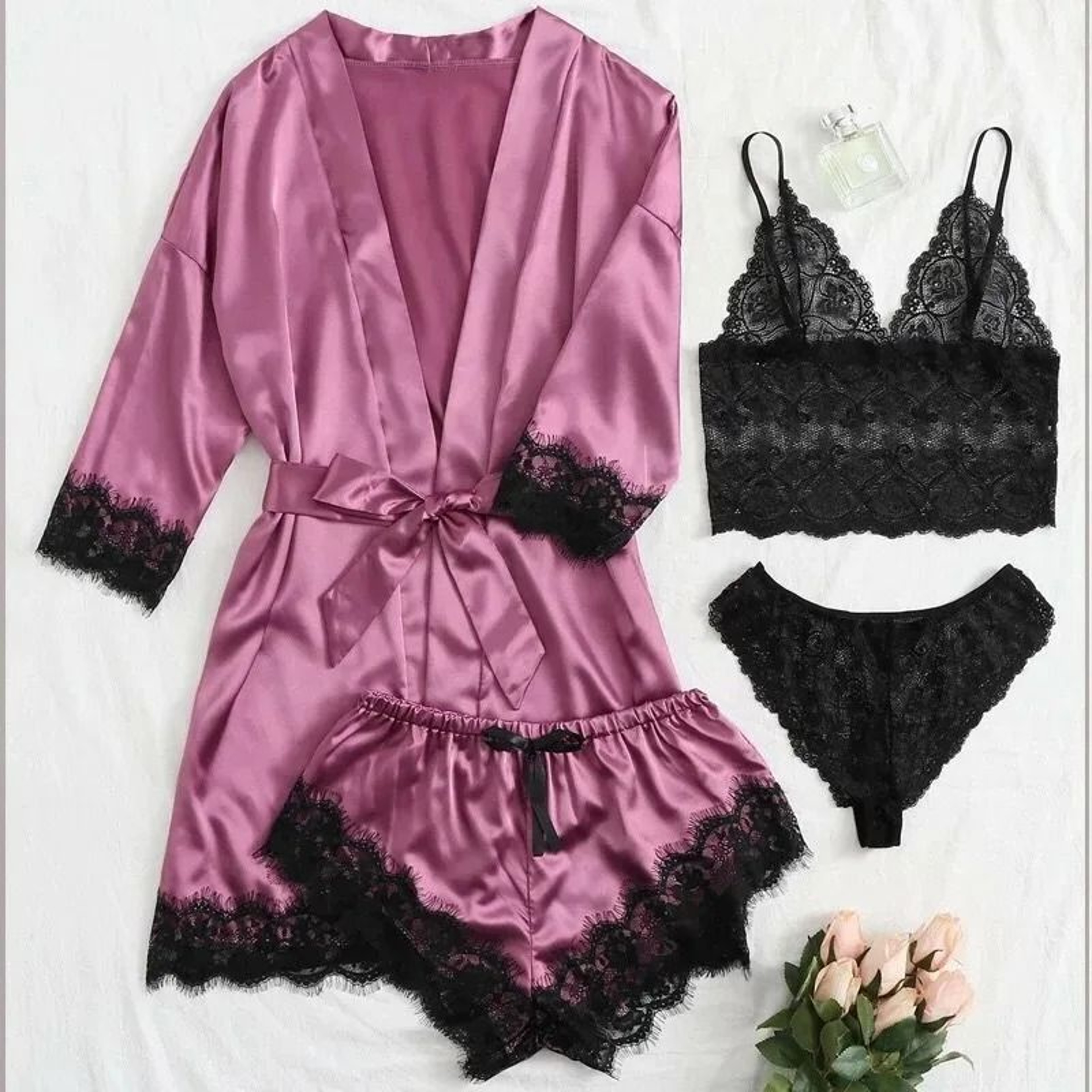 Womens 4Piece Lace Satin Pajama Set With Robe Cami Top  Shorts Loungewear 2