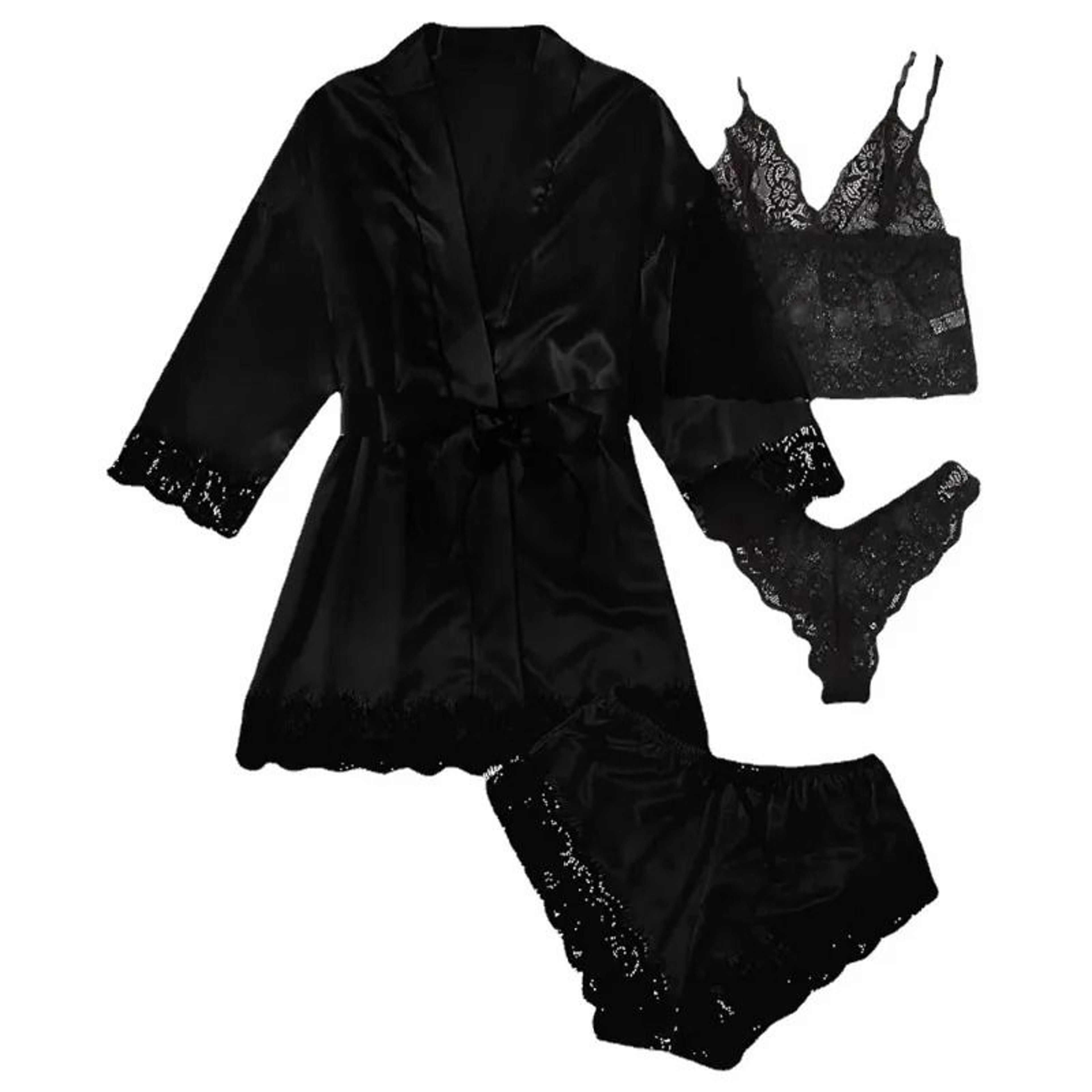 Womens 4Piece Lace Satin Pajama Set With Robe Cami Top  Shorts Loungewear 5