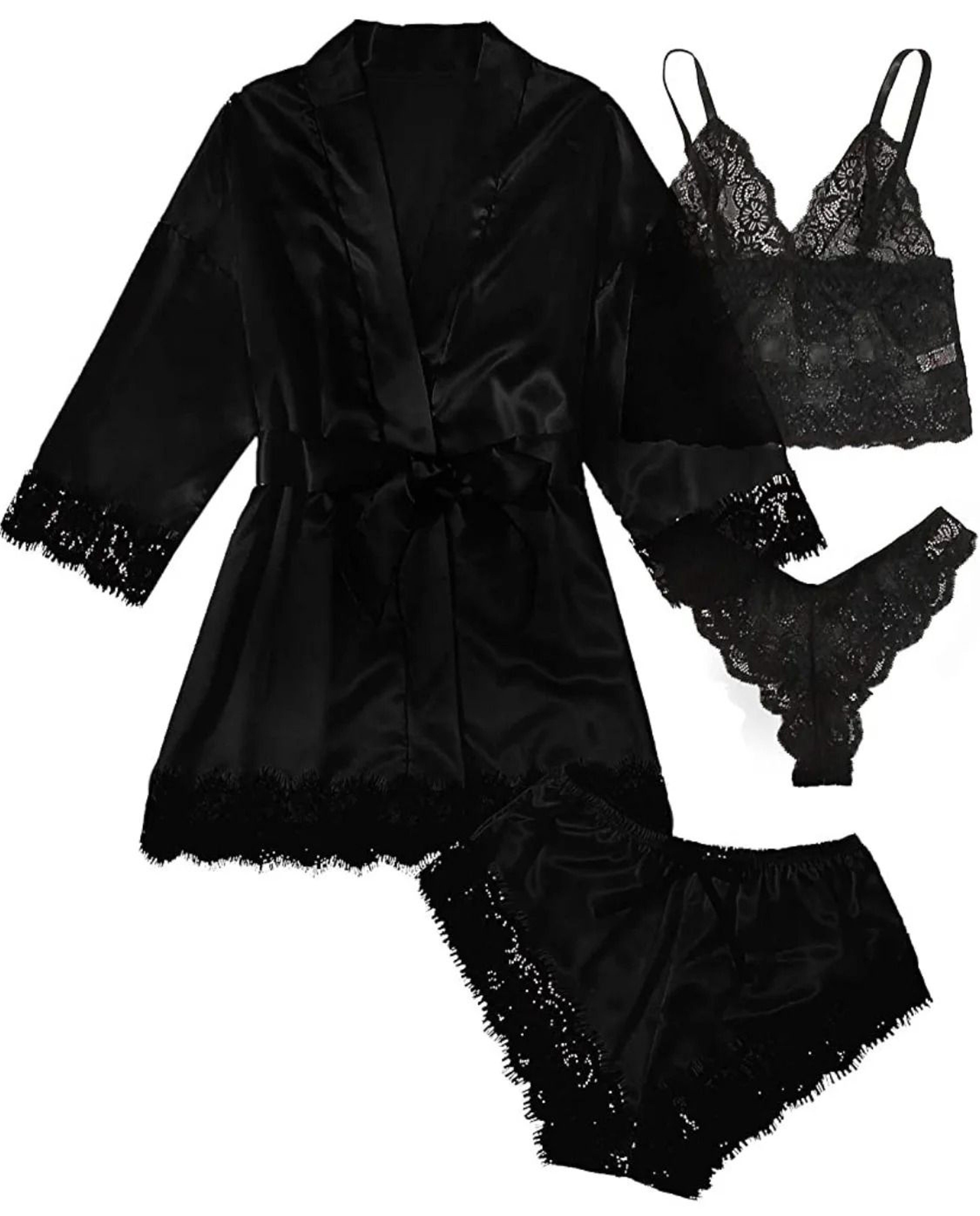 Womens 4Piece Lace Satin Pajama Set With Robe Cami Top  Shorts Loungewear 10