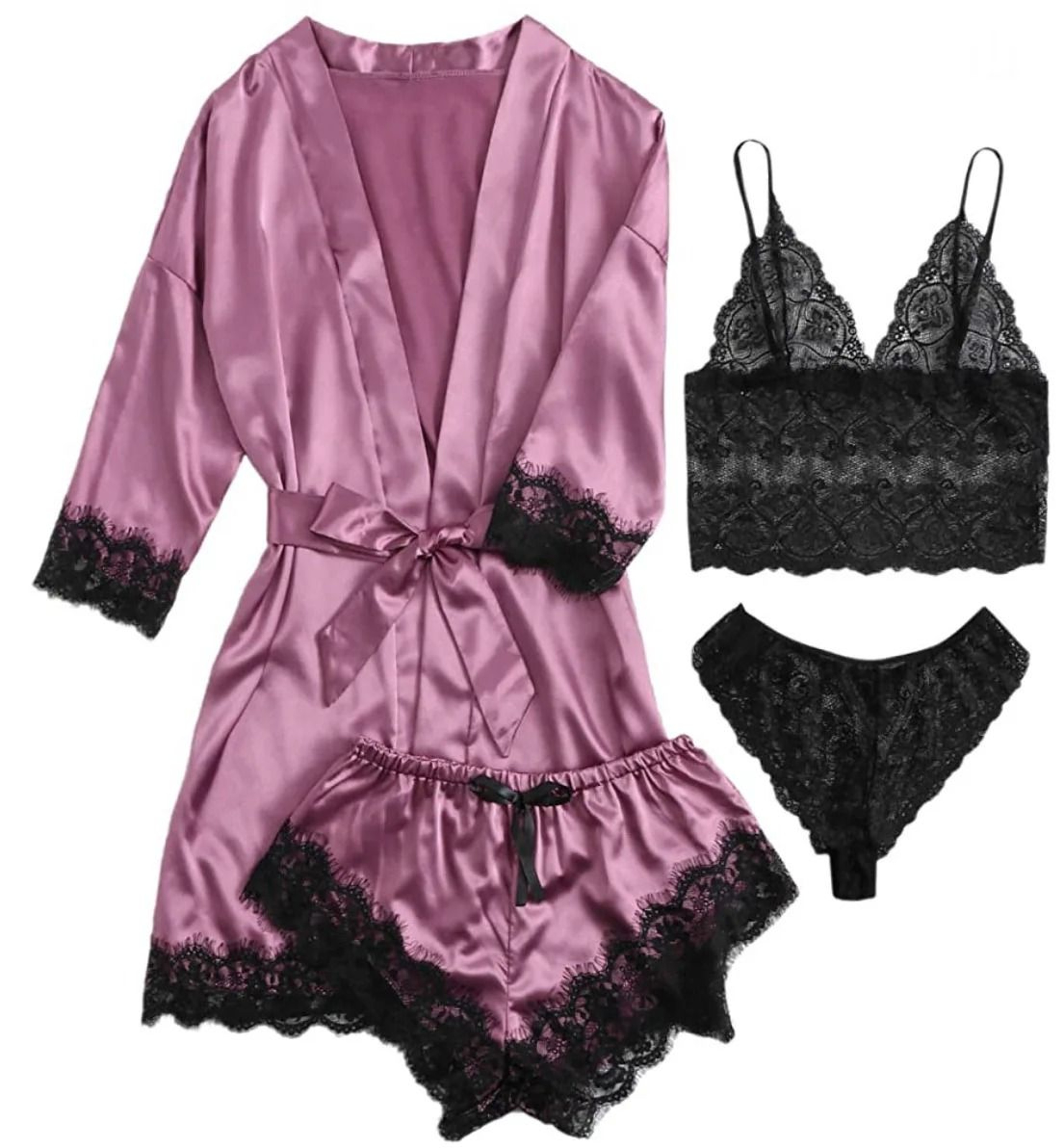 Womens 4Piece Lace Satin Pajama Set With Robe Cami Top  Shorts Loungewear 9